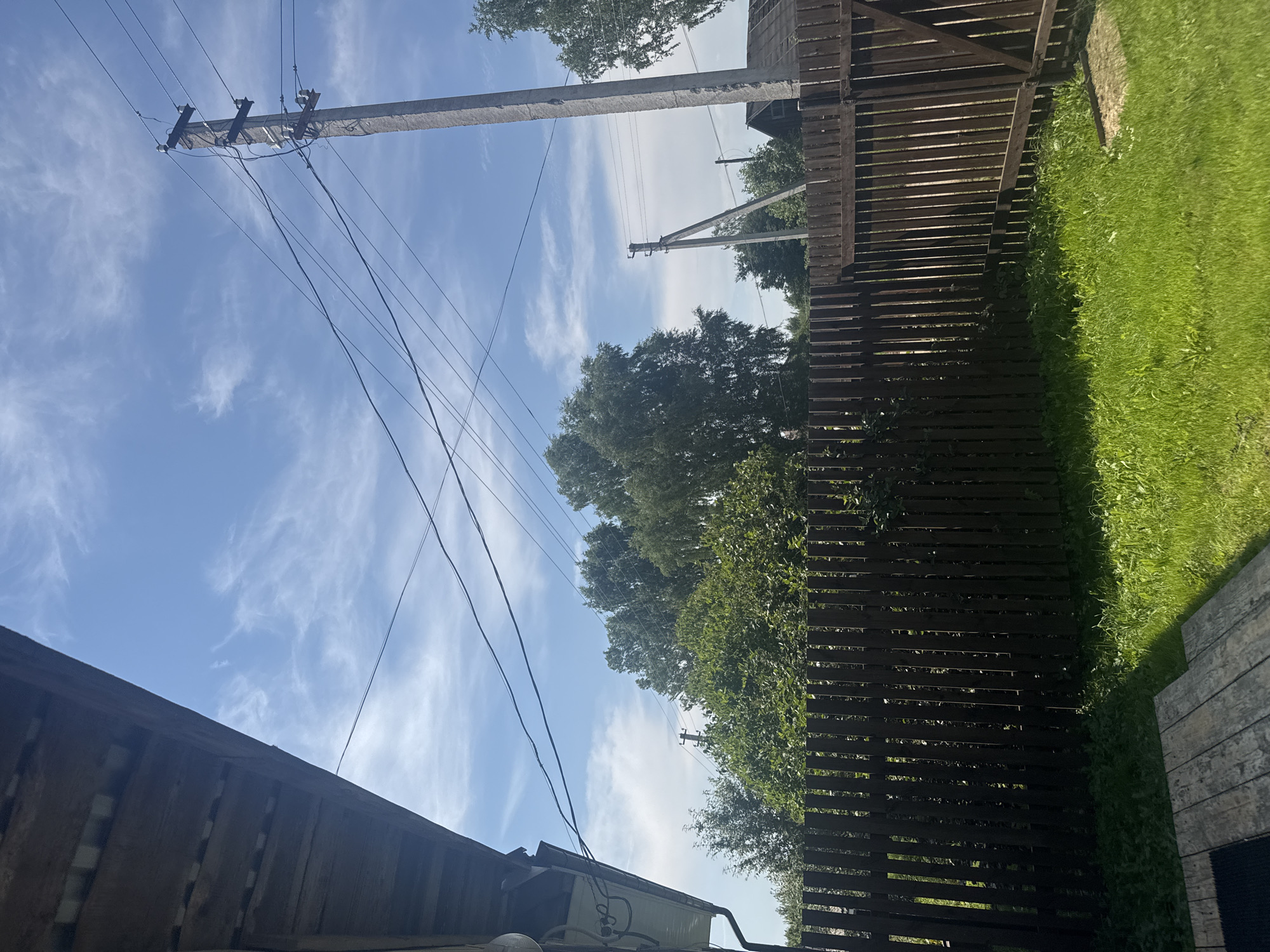 This is a full shot of a residential backyard on a sunny day in Borodulino, Russia. The foreground shows a section of a wooden porch with a dark mat. A dark wooden fence runs across the middle of the image, with a gate on the right side. Beyond the fence is a lush green lawn. In the background, there are several trees, a concrete utility pole with wires, and a portion of a wooden structure, possibly a shed or small house. The sky is blue with scattered wispy clouds.