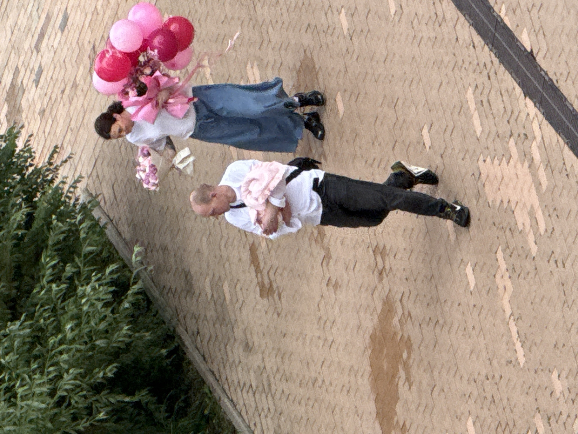 The image shows an aerial view of a man and a woman walking on a paved walkway bordered by lush green foliage. The man, wearing a white shirt and dark pants, carries a pink blanket-wrapped infant. He has a black strap across his chest. The woman, in a white shirt and blue wide-legged pants, carries a bouquet of pink and purple flowers and a cluster of pink balloons. She is positioned slightly behind and to the right of the man. The walkway is made of light brown interlocking bricks, with some damp patches visible. In the background, on the left side of the image, dense green leaves from a tree or shrub overhang the walkway. The scene is outdoors, under daylight conditions. The location is identified as the city of Khimki, Russia.