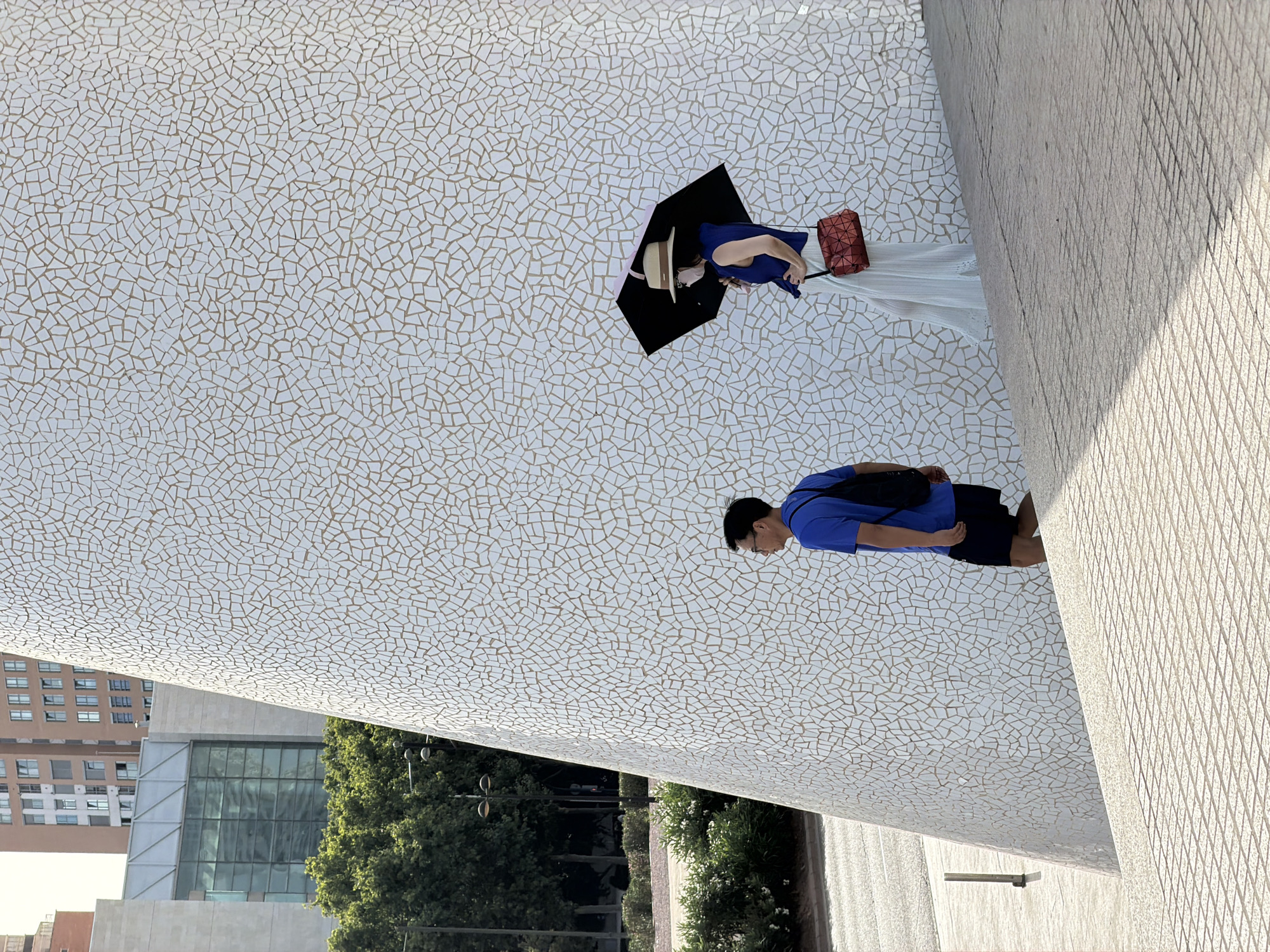 In the city of Unknown, Unknown, a man in a blue t-shirt and black shorts with a backpack walks down a tiled staircase. To his right, a woman wearing a white hat, sunglasses, a blue sleeveless top, and a long white skirt walks up the same staircase, holding a black umbrella with a pink lining. She carries a red geometric-patterned purse. The background features a large, textured white wall composed of small tiles, and beyond that, trees and tall buildings. The scene is illuminated by sunlight, casting shadows on the staircase.