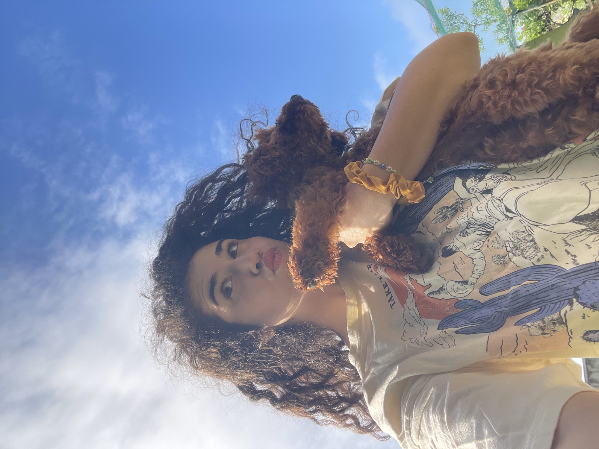 An upward-angled outdoor selfie captures a woman holding a small dog against a bright, sunny sky. The woman, with long, dark, curly hair, is positioned on the left, looking at the camera with a playful, slightly puckered expression. She wears a light-colored t-shirt featuring a graphic print with desert-like motifs, including cacti and human figures. The phrase "TAKE IT EASY" is partially visible on the shoulder of her shirt. A yellow scrunchie and a beaded bracelet adorn her right wrist.
Cradled in her arms is a reddish-brown, curly-haired dog, possibly a poodle or doodle breed, facing away from the camera and looking upwards. Its fluffy fur is prominent.
The background is a clear, vibrant blue sky with soft, scattered white clouds, indicating bright daylight and good weather. In the upper right corner, hints of green foliage and a light green netting structure suggest an outdoor setting, possibly under a shaded area or near trees. The scene conveys a cheerful mood on a sunny day, with the selfie angle emphasizing the expansive sky above. This image was taken in Sofia, Bulgaria.