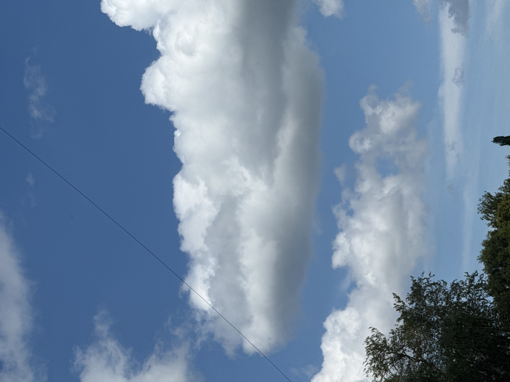 The image captures a dynamic sky on a bright day, likely late morning or early afternoon given the lighting. The sky is a vibrant blue, punctuated by a variety of clouds. Dominating the center is a large, tall cumulus cloud, casting subtle shadows and displaying a range of white and grey tones, suggesting its considerable vertical development. Smaller, scattered cumulus clouds are visible throughout, some appearing wispy and distant, others more defined. A thin, dark line, likely a power line, diagonally crosses the sky from the lower left towards the upper right, a subtle human-made element within the natural scene.
The lower right portion of the image features the tops of trees, with dense green foliage indicating a natural setting, possibly a park or a wooded area. The leaves are catching the light, some appearing brighter than others. The overall impression is one of a pleasant, somewhat breezy day with fair weather, characterized by the interplay of sunlight and clouds. The scene is devoid of people or explicit human activity, focusing solely on the natural landscape and sky. No text is visible in the image. The context of Votkinsk, Russia, suggests this could be a view from an outdoor location within or near the city.