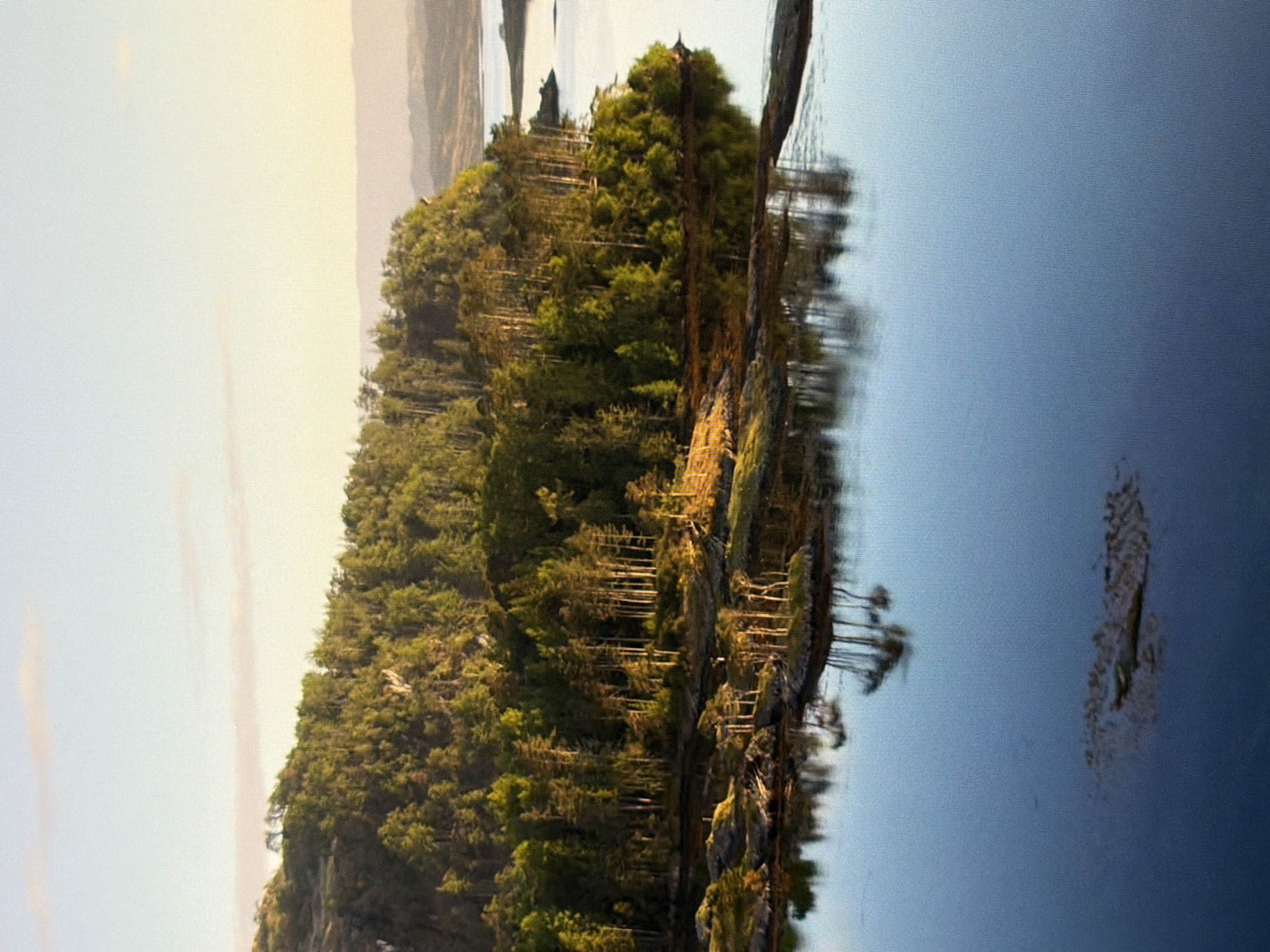 The image depicts a serene natural landscape with a body of water in the foreground reflecting the trees and sky. The background features a densely forested hillside bathed in soft, golden light, suggesting either sunrise or sunset. Small, rocky islands with sparse trees dot the water near the shore. The sky is a pale blue with a few wispy clouds. The overall impression is one of tranquility and natural beauty. This image is not located in Kyiv, Ukraine, as it depicts a natural landscape far removed from an urban environment.