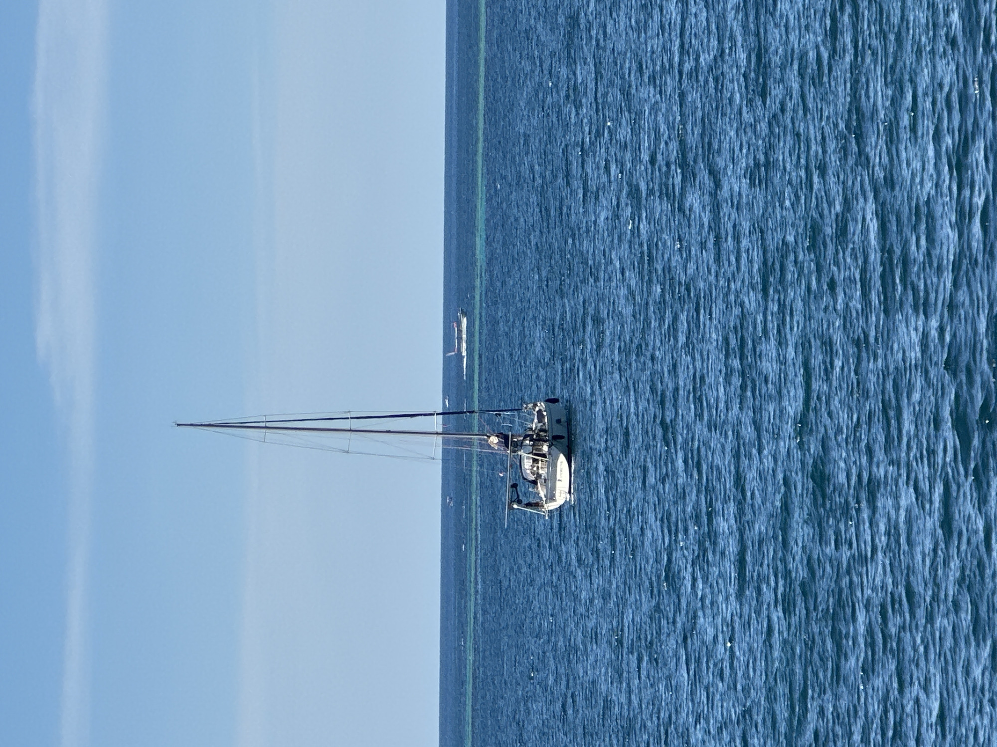 A sideways landscape image captures a sailboat at sea. The sailboat, positioned on the right side, is primarily white with a tall mast extending upwards into the light blue sky. The sea, a deep shade of blue, occupies most of the lower half of the image and displays textured patterns from the water's surface. A faint horizon line separates the sky and the sea, with an additional smaller boat visible in the distance along this line. It could be argued that this image depicts the city of Budva, Montenegro, due to the presence of the sea, boats, and the typical climate and scenery associated with the region. However, without any specific landmark or geographical feature distinctly associated with Budva, this identification can only be considered a reasonable assumption. There are no people explicitly visible, though their presence is implied by the sailboat.