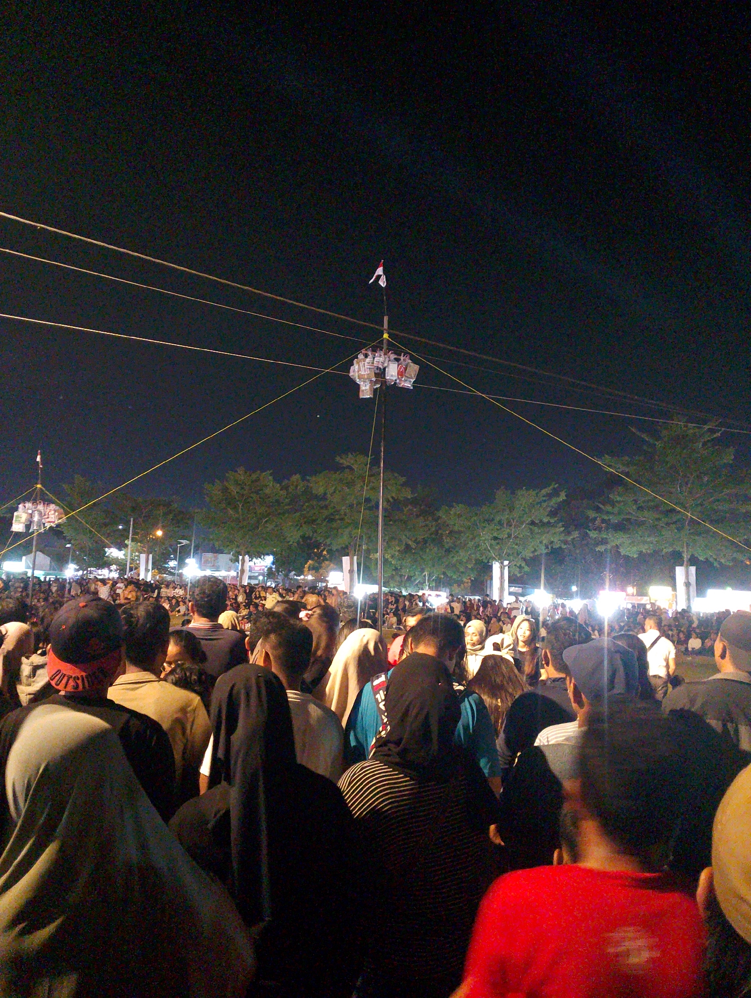 The image depicts a nighttime outdoor gathering of a large crowd of people. The scene is lit by artificial lights, with string lights and spotlights visible in the background. In the foreground, many individuals are observed from behind, facing away from the camera and towards the center of the gathering. Their attire suggests a casual, everyday setting. Overhead, several thin, taut wires stretch across the frame, and attached to one of these wires is a peculiar structure that appears to be a collection of small, rectangular objects suspended from a pole, with a small flag atop it. The presence of trees and structures in the mid-ground suggests an urban or semi-urban park or open space. The overall atmosphere suggests a festive event or public assembly.