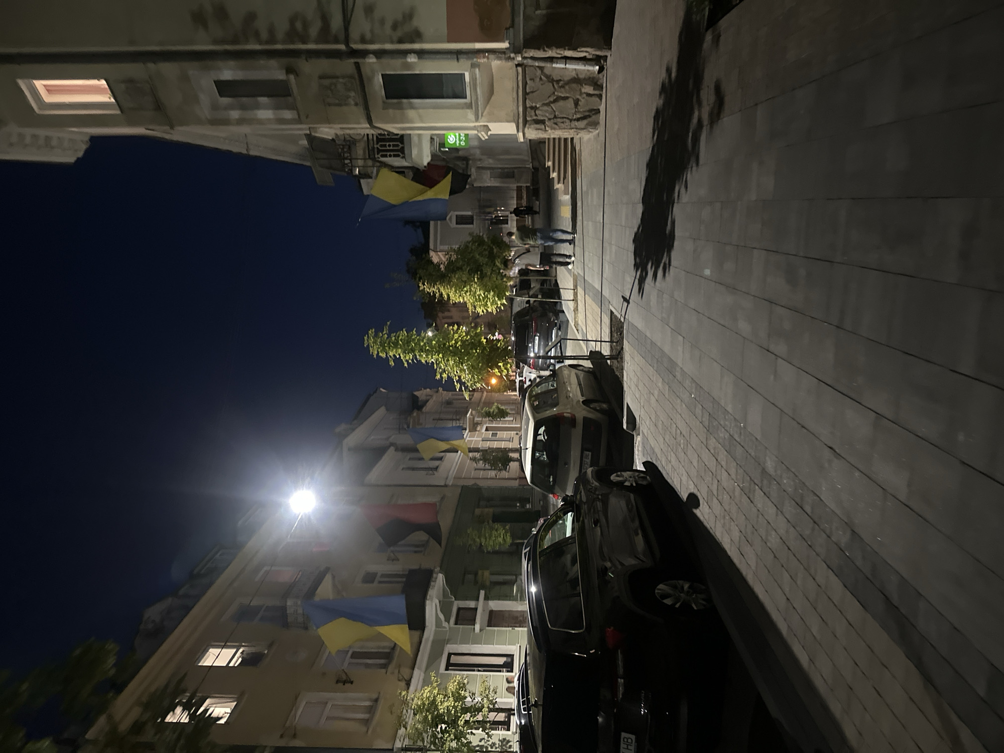 The image depicts a street scene in Ternopil, Ukraine, at night. On the left side of the street, several cars are parked along the sidewalk, including a dark SUV in the foreground and a lighter-colored hatchback behind it. The sidewalk is paved with rectangular stones, and shadows from trees and a streetlamp are cast across it.
The buildings lining the street are illuminated by streetlights and lights from within some of the windows. Ukrainian flags, a prominent symbol of the country, are hung from the balconies of the buildings. The flag consists of two horizontal bands of blue and yellow.
On the right side of the street, more buildings are visible, with a stone foundation on the lower level of one structure. Two individuals are walking away from the camera on the sidewalk, heading towards the buildings. Another person is walking further down the street. The sky is dark, indicating nighttime.