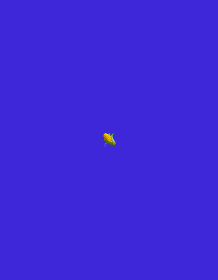 An emoji of a corn cob is centered on a royal blue background.