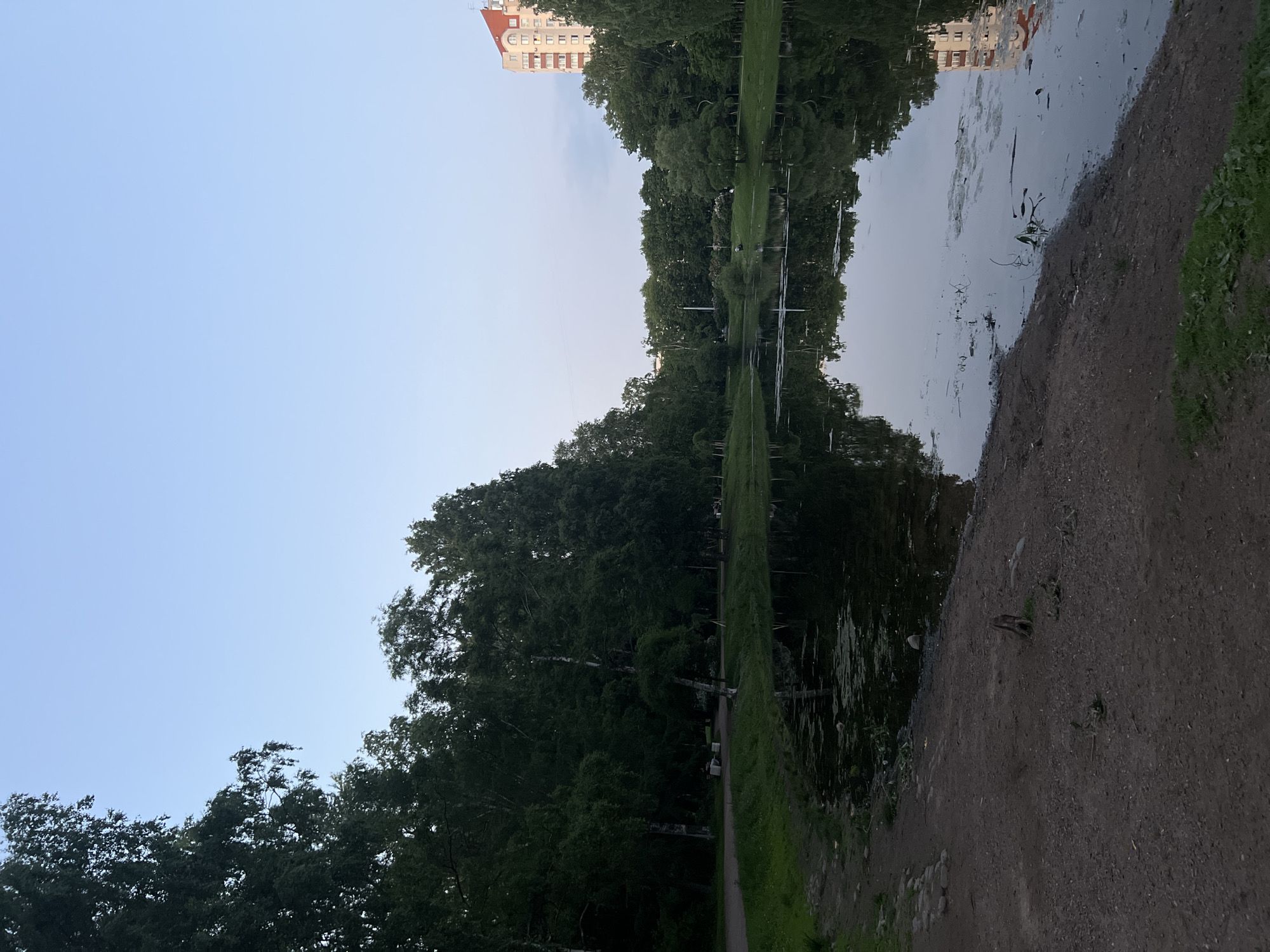 This image presents a serene outdoor scene centered around a placid body of water within the city of Unknown, Russia. The lighting suggests either early morning or late evening twilight, providing soft, diffused illumination.
The upper third of the frame shows a clear, light blue sky with no discernible clouds. Below the sky, dense foliage of various deciduous trees, including several tall birches with light-colored bark, forms a lush green perimeter around the water body. The trees appear dark green due to the subdued lighting, with some subtle variations in hue and density.
In the foreground, a dark, bare earth or dirt bank slopes gently down to the water's edge. This bank exhibits small stones or debris on its left side and a small, broken tree stump or root system protruding from the ground towards the center-right. Patches of sparse green grass are visible mixed with the dirt. The water itself is calm and highly reflective, accurately mirroring the surrounding trees and the pale sky above. Patches of darker floating vegetation or algae are scattered across the water's surface, particularly prominent closer to the foreground bank.
Along the left bank, behind the foreground dirt, a distinct dirt or gravel path winds through the trees. Two light-colored park benches are visible along this path, nestled among the foliage. On the opposite side of the water, more trees line the bank, with indications of another path or open grassy area. In the far right background, a multi-story residential building with a distinctive reddish-orange sloped roof and light-colored walls is visible above the tree line. This building, including its unique roof, is clearly reflected in the tranquil water. No people or animals are distinctly visible within the frame.