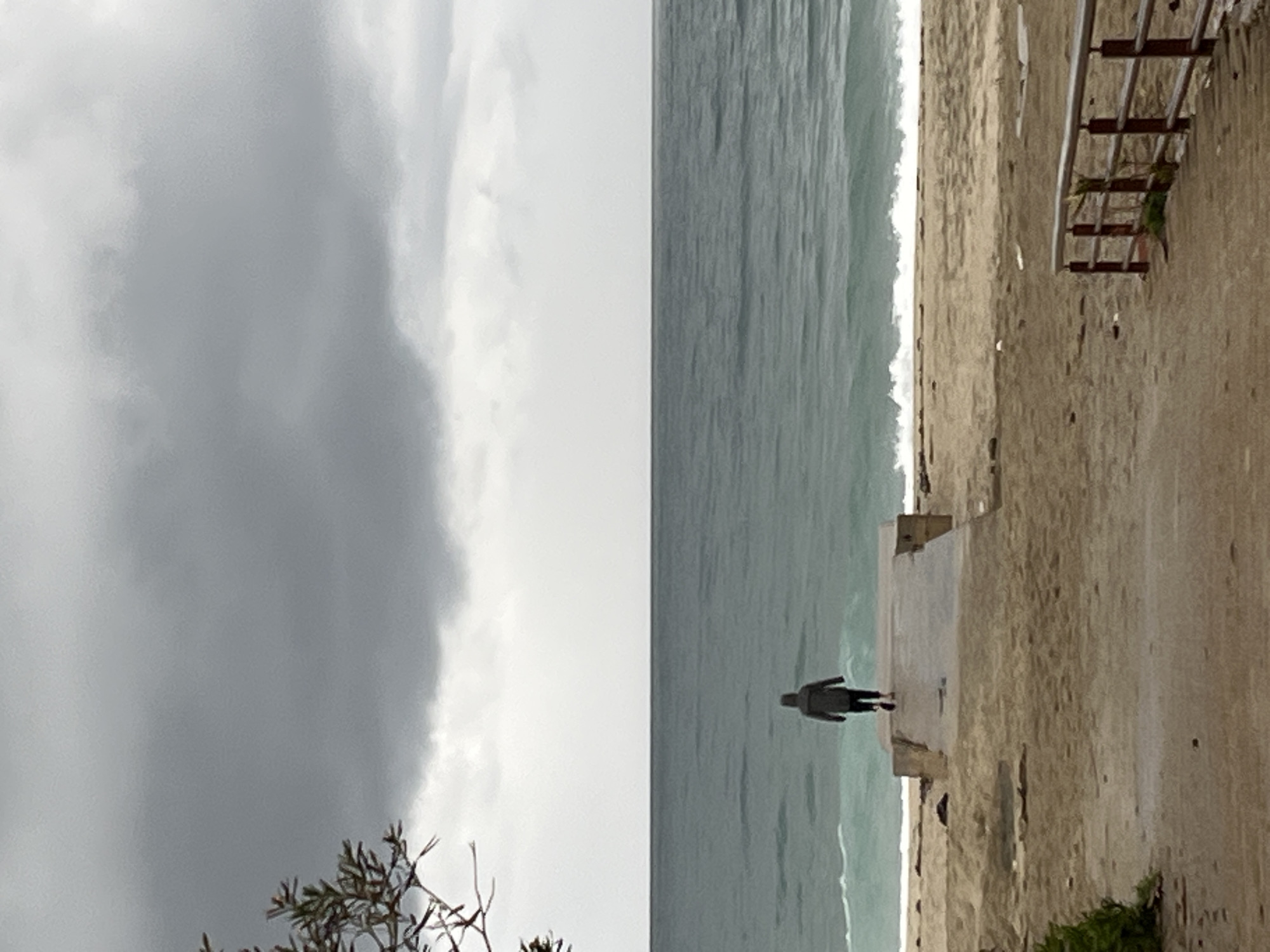 The photograph depicts a coastal scene on an overcast day. Dominating the left side of the image is a sky filled with heavy, gray clouds. To the right, the sea stretches towards the horizon, its surface slightly agitated by small waves. A lone figure stands on a concrete platform at the water's edge, appearing small against the vastness of the sea and sky. The shoreline consists of a sandy beach transitioning into a concrete embankment or seawall, with a metal railing visible. A few sparse plants cling to the concrete. Based on the location, the scene is likely near the beach in Alanya, Turkey.