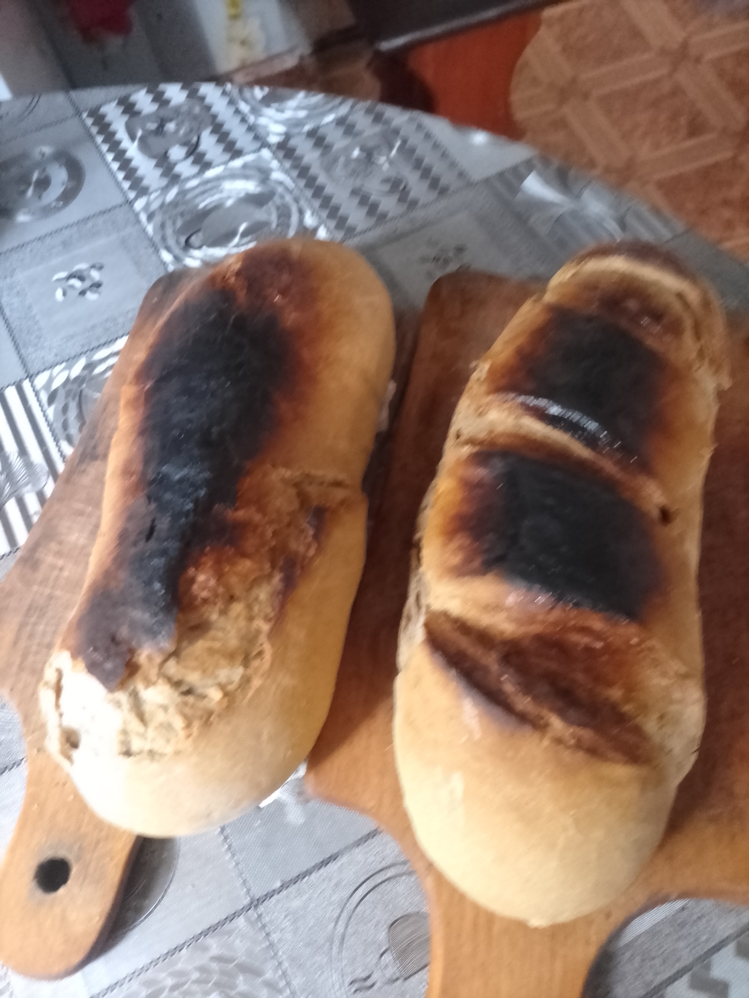Two loaves of bread, with significant charring on their crusts, are presented on wooden cutting boards. The loaves appear to be baguettes or similar elongated bread. The bread on the left is more severely burned, with large areas of black charring. The bread on the right also shows substantial charring, particularly in diagonal slashes across its surface. The cutting boards are placed on a table with a patterned tablecloth. The background is blurred but suggests an indoor setting. The location is identified as Ustyvytsia, Ukraine.