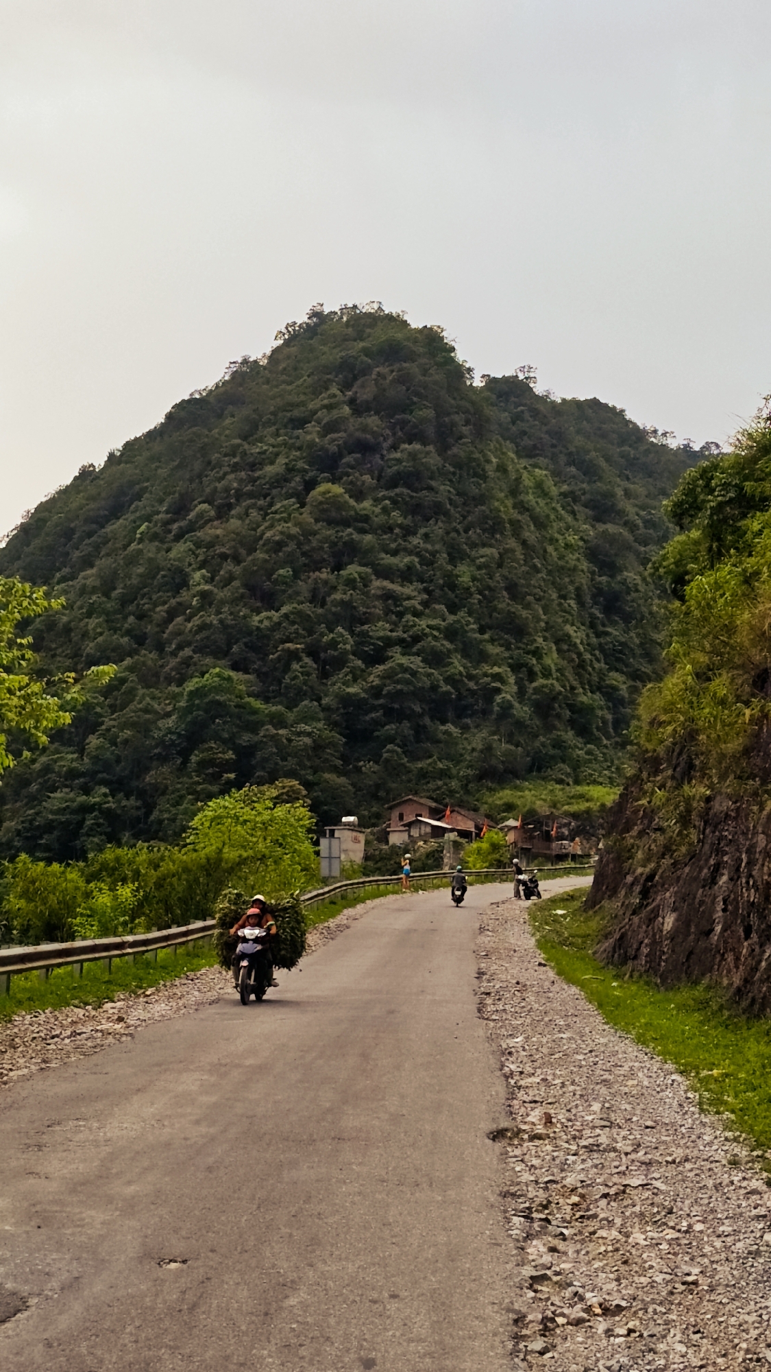 A rural scene in Cán Tỷ Commune, Vietnam, features a paved road winding through a lush, mountainous landscape. A prominent, densely forested mountain dominates the background. In the foreground, a motorbike carrying two individuals and a large bundle of greenery is moving along the road. Further down the road, another person is standing on the side of the road, and two more motorbikes are visible. A metal guardrail runs along the left side of the road, and a rocky hillside with vegetation is on the right. Several houses are nestled in the trees near the road. The sky is overcast.