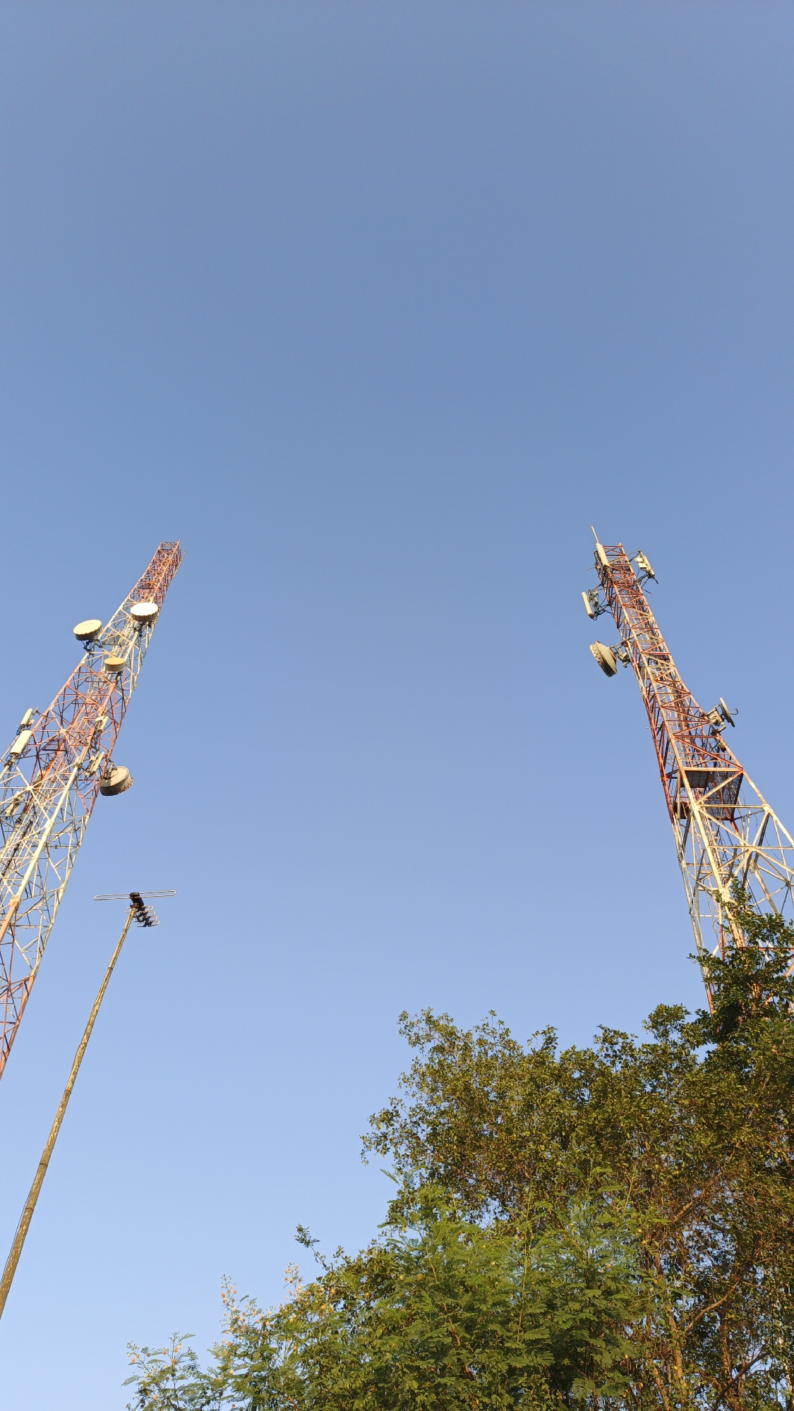 Two telecommunication towers, one on the left and one on the right, rise into a clear blue sky. The tower on the left is closer to the viewer and shows more detail, with its red and white lattice structure supporting multiple antennas and dishes. To the left of this tower and slightly lower is a tall, slender wooden pole topped with a television antenna. On the right, the second telecommunication tower is also visible, featuring a similar red and white lattice design and various antennas. In the foreground and across the bottom of the image, lush green foliage from trees partially obscures the base of the towers and creates a natural border. The overall scene depicts an outdoor environment with technological infrastructure set against a backdrop of nature and a clear sky. This location is likely within the city of Santing, Indonesia.