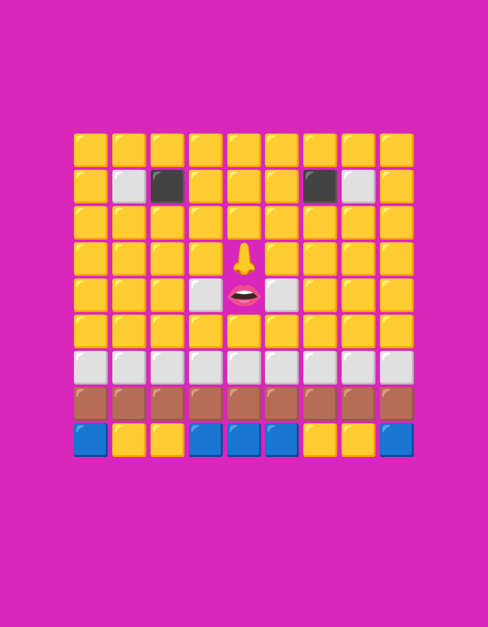 This is a flat, 2D illustration of a pixelated smiley face against a vibrant magenta background. The face is composed of a grid of colored squares. The overall shape of the face is roughly rectangular, wider than it is tall. The top half of the face is primarily made of yellow squares, with two black squares representing eyes, one light gray square, and another black square above. Below the eyes, a pink nose is depicted as a single triangular shape, and below that, a pair of pink lips are shown as two curved shapes. The bottom half of the face consists of rows of light gray squares, followed by rows of brown squares, and finally a row of blue and yellow squares at the very bottom. The image is centrally aligned on the magenta background.
