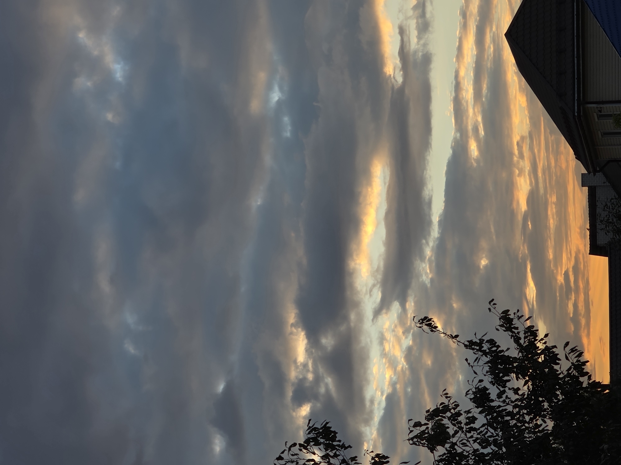The image captures a twilight sky above a residential area, presumably in the city of Речицы, Russia. The sky is filled with a dramatic array of clouds, ranging from dark, heavy masses to thinner, wispy formations. Sunlight pierces through the clouds in bands of warm orange and yellow, creating a striking contrast with the cooler, darker gray and blue hues of the cloud cover. In the foreground, the silhouetted branches of a deciduous tree with dark leaves are visible on the left side, extending into the frame from the edge. Below the sky, the dark, sloped roof of a house with dark shingles is prominent on the right. A lighter-colored house with windows is partially visible behind it. The overall atmosphere suggests the end of the day with lingering sunlight illuminating the sky.