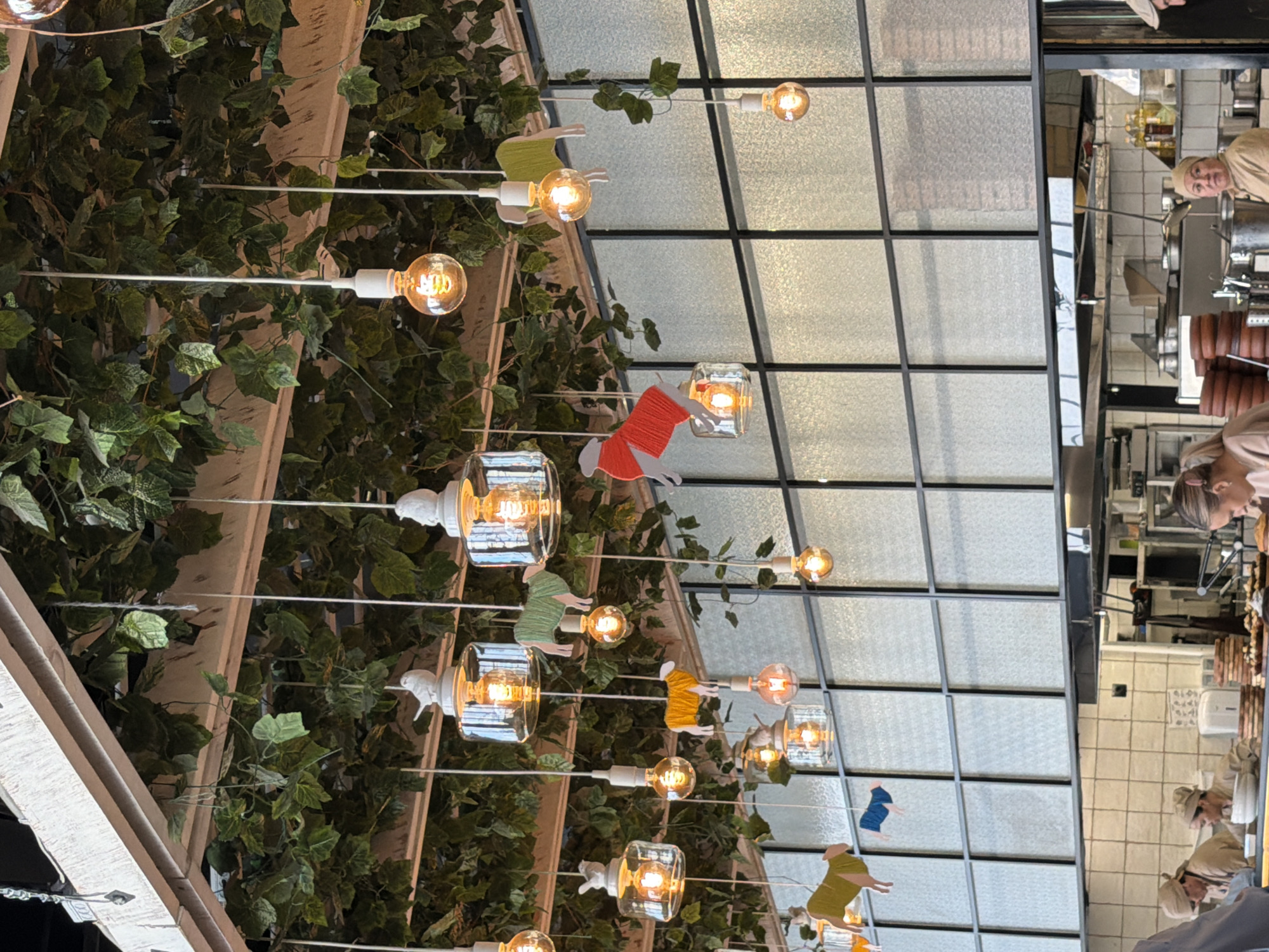 This image, taken in Krasnoyarsk, Russia, displays the interior of what appears to be a restaurant or cafe, looking up at a distinctive decorated ceiling and across towards an open kitchen.
The ceiling is richly covered with a dense canopy of artificial green foliage, resembling ivy, which is intertwined with wooden beams. From this greenery, numerous light fixtures hang down. These lights predominantly feature bare Edison-style bulbs with visible filaments, emitting a warm, inviting glow. Some bulbs are suspended individually on white rods, while others are encased in clear glass fixtures. A notable decorative element is the inclusion of small, flat cutouts of animals, possibly sheep or goats, attached to some of the light rods. These whimsical figures are dressed in miniature knitted sweaters of various bright colors, including red, green, yellow, and blue.
To the right, a large ceiling section is composed of a black grid framework holding translucent, textured glass panels. Beyond and through this structure, an open kitchen area is visible. Several kitchen staff members, likely chefs, are present. One chef, wearing a light tan uniform and hat, is seen looking towards the camera with a neutral to slightly pleasant expression. Another staff member in similar attire is partially visible below, seemingly engaged in work. The kitchen area reveals stainless steel surfaces, various pots, pans, and stacked brown cylindrical objects, indicating an active food preparation environment. A white paper towel dispenser is mounted on the kitchen wall. The overall impression is one of a cozy and bustling establishment.