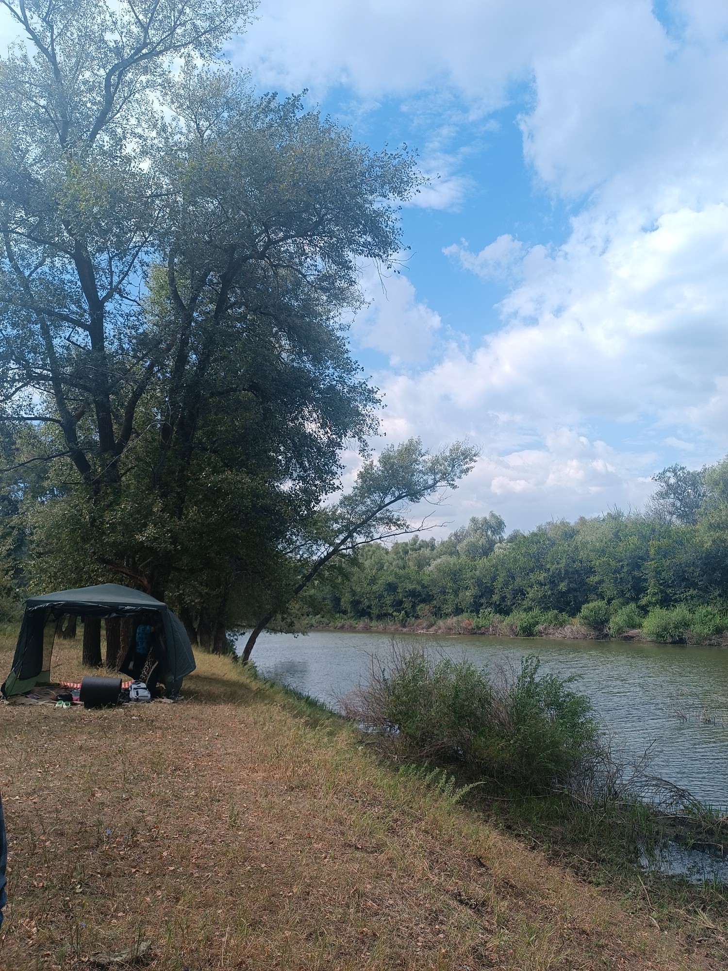 The image depicts a campsite next to a body of water, likely a river, surrounded by lush green trees and vegetation. The scene is set under a partly cloudy blue sky. In the foreground, a dark green pop-up canopy tent is set up on dry, grassy ground. Inside the tent, a person, partially visible, appears to be wearing a blue and black patterned shirt. Various camping items, including what looks like a sleeping bag or mat, a dark cylindrical object, and a white bag, are placed near the tent. To the right of the tent, the ground slopes down towards the water, with dry grass and some sparse bushes. The river itself is calm and reflects the light. The opposite bank of the river is densely covered with trees and bushes. The overall environment suggests a natural, outdoor setting, possibly a recreational area within or near the Бөрлі ауылдық округі, Kazakhstan, given the context.