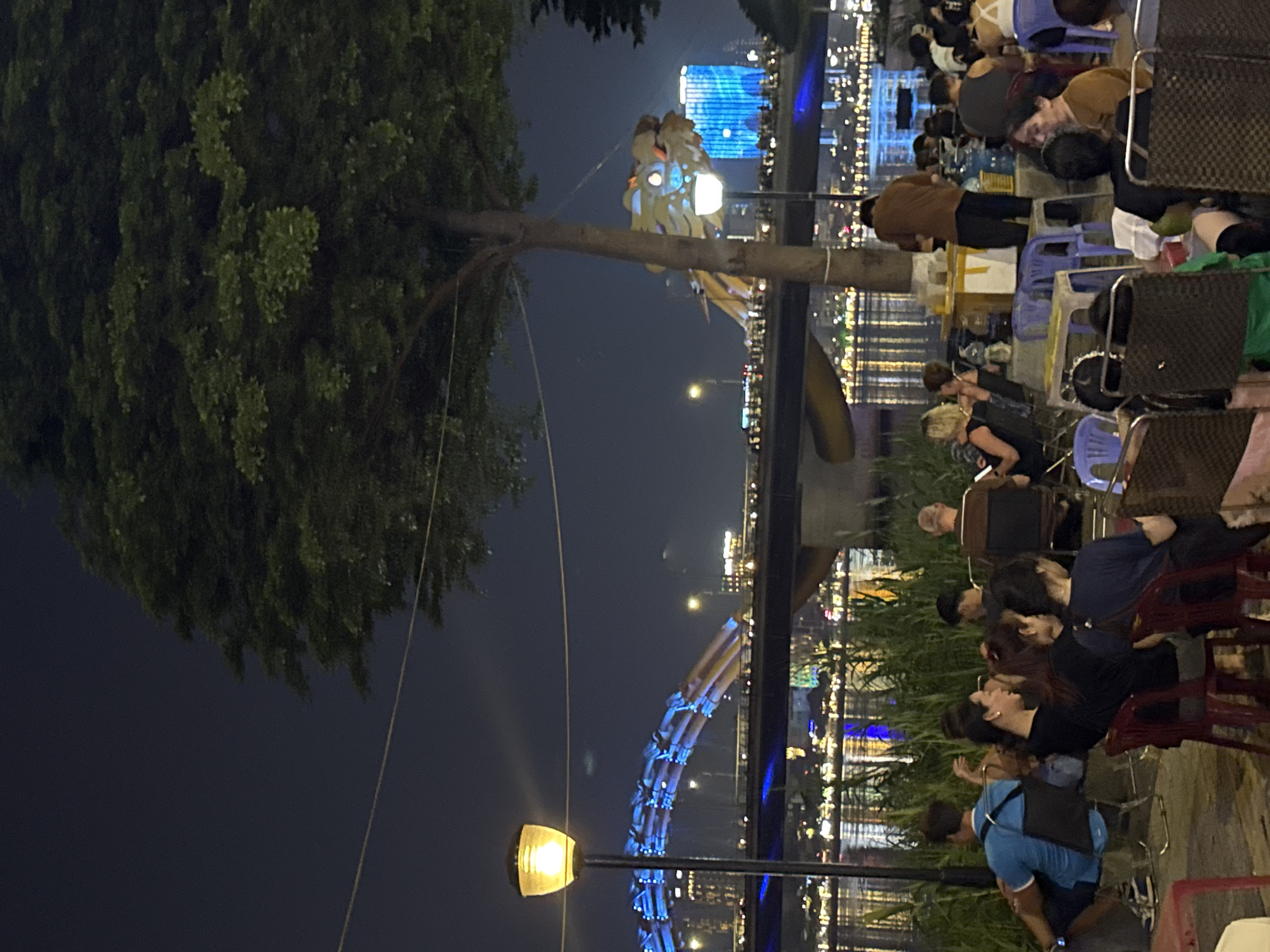 The image captures a nighttime scene in Đà Nẵng, Vietnam. In the foreground, there are people seated on small plastic chairs, seemingly enjoying the view. The central part of the image shows the iconic Dragon Bridge, illuminated with blue lights. It is situated over the Han River. In the background, there are illuminated buildings reflecting in the water, and the city skyline is visible. A large tree with dense foliage looms in the foreground. A street lamp illuminates the scene. A smaller lit statue of some kind sits in the tree.