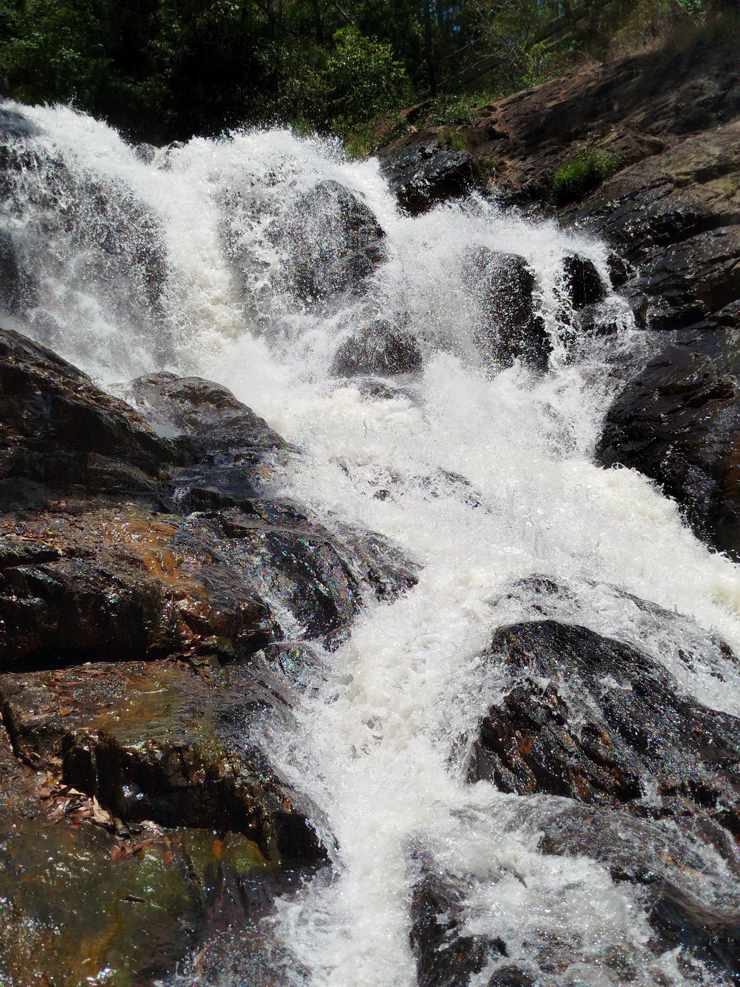 The image showcases a dynamic waterfall cascading down a rocky slope, with white water creating a frothy, energetic flow. The rocks are dark, textured, and appear wet from the splashing water. Some vegetation, potentially trees and smaller plants, is visible at the top of the frame, suggesting a natural environment. The scene captures a portion of the Datanla waterfalls in Da Lat, Vietnam. No people are visible in the image.