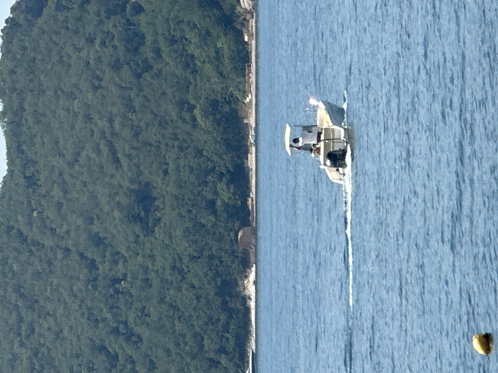 This media file shows a boat sailing on the sea. The scene is set against a backdrop of a lush green hillside. The water is a clear blue, and there are ripples on the surface indicating movement. A small boat is visible in the middle ground, with a few people on board. The boat is white with a canopy and appears to be a small motorboat. The hillside is densely covered with trees, suggesting a natural, possibly mountainous, landscape. A thin line of land separates the sea from the hillside, with some structures or features visible along this shoreline. A yellow buoy is floating in the water to the right of the frame. The image has a vertical orientation. The lighting suggests it is daytime. No text is visible in the image. Based on the provided location context, this scene is likely in or near Budva, Montenegro.