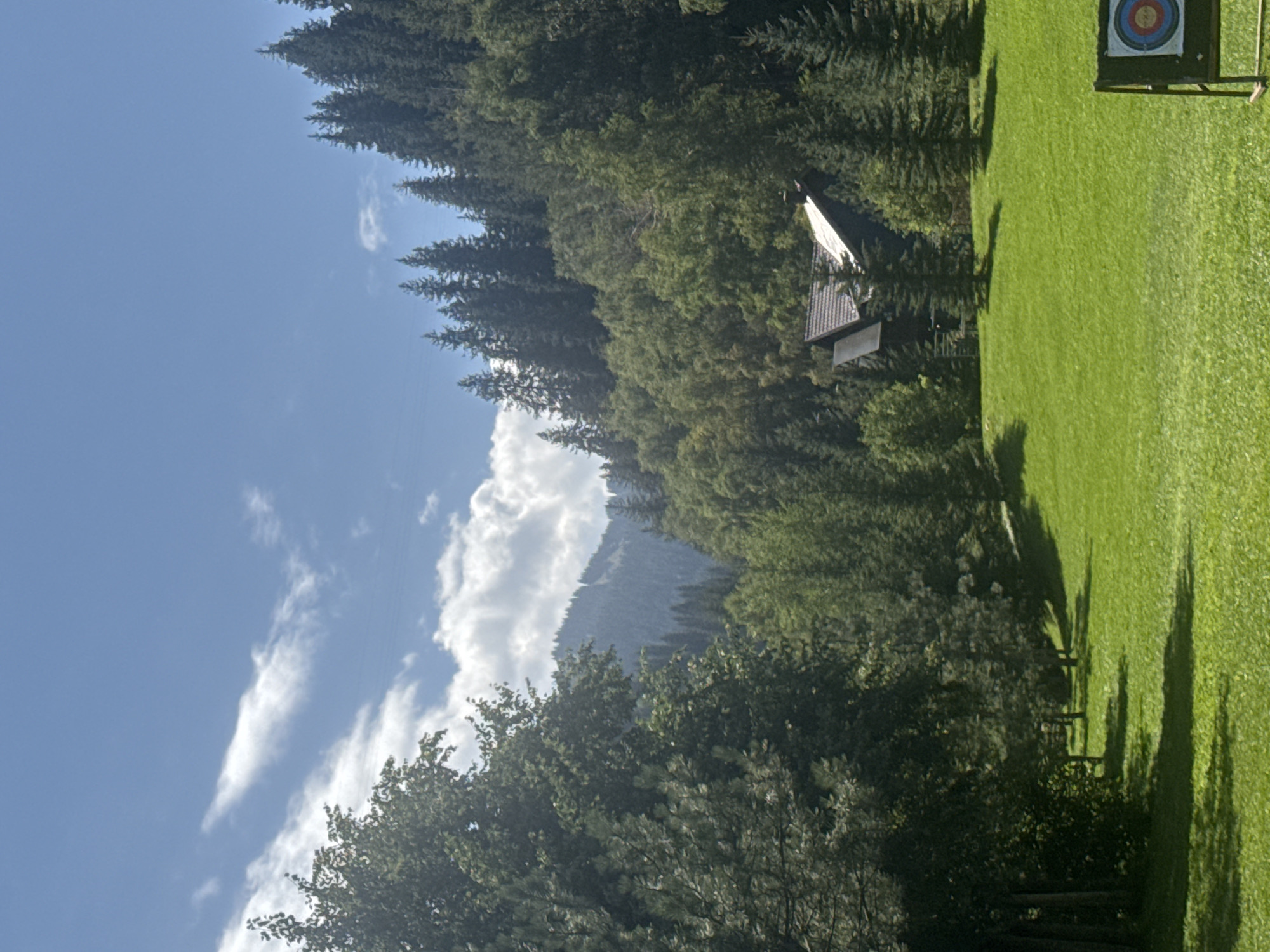 The image shows a picturesque mountain landscape with a clear blue sky dotted with white clouds. In the foreground, a lush green meadow stretches across the frame, with the shadows of trees cast across it. To the right of the meadow, a target is visible, suggesting an outdoor recreational area. Behind the meadow, a dense forest of evergreen trees covers the sloping hills, with a rustic wooden house nestled among the trees. The house has a dark roof and appears to be a private residence or a lodge. The overall scene conveys a sense of tranquility and natural beauty. The location of Almaty, Kazakhstan is not discernible from the image itself, as there are no specific landmarks or identifying features.
