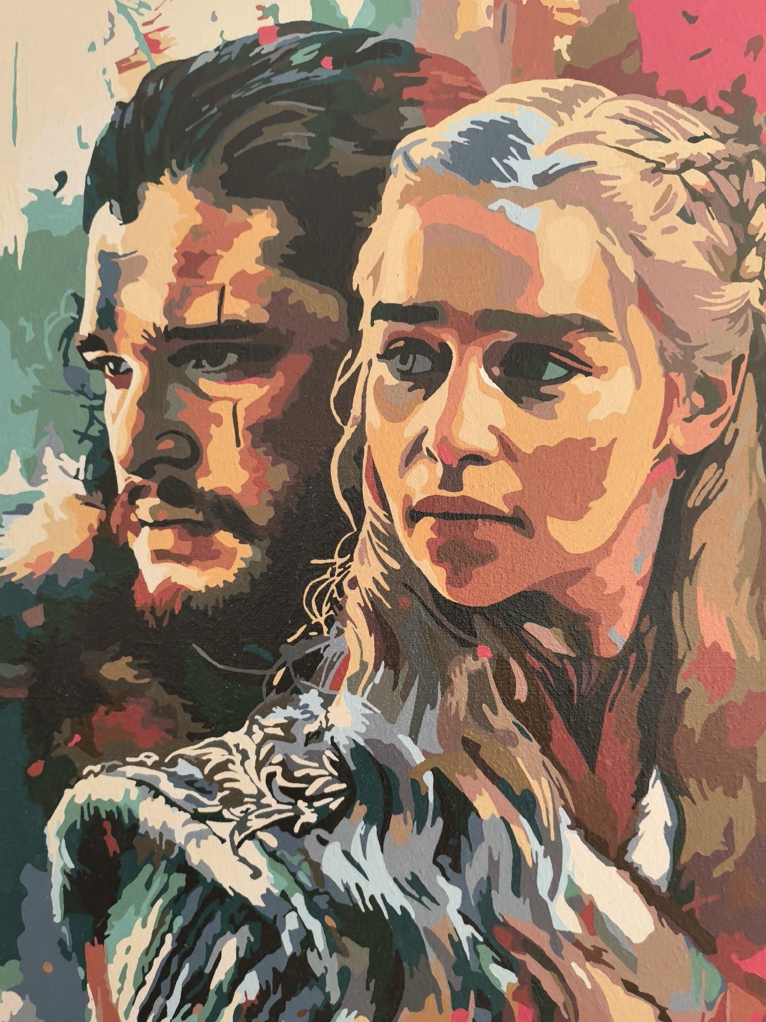 The image is a painting, rendered in a blocky, stylized manner, depicting two individuals. The person on the left, appearing to be male, has dark hair, a beard, and is looking to the left. The person on the right, appearing to be female, has blonde hair styled in a braid, and is looking to the right. Both individuals are positioned close together, with the female's head slightly in front and to the right of the male's. Their clothing is depicted with broad strokes of various colors, suggesting a textured fabric. The background is abstract, with patches of green, red, and light brown, creating a dynamic, somewhat impressionistic setting. The painting style is reminiscent of paint-by-numbers, with distinct areas of color. There are no discernible landmarks or elements that place this image in the city of Veshenskaya, Russia.