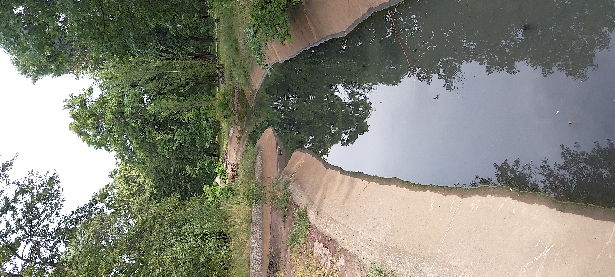The image shows a concrete channel with dark water flowing through a park-like setting. The channel has a curved shape and is bordered by grassy banks and trees. The water reflects the surrounding trees and the sky. In the distance, there are more trees and a patch of sky. There are no people or animals visible in the image, though a duck can be seen in the water. The overall scene appears to be a drainage channel within a natural or semi-natural environment, likely in a city park. This particular channel is located in the city of Cherkasy, Ukraine, and is part of the drainage system near the Cherkasy Regional Art Museum, connecting to the Dnipro River.