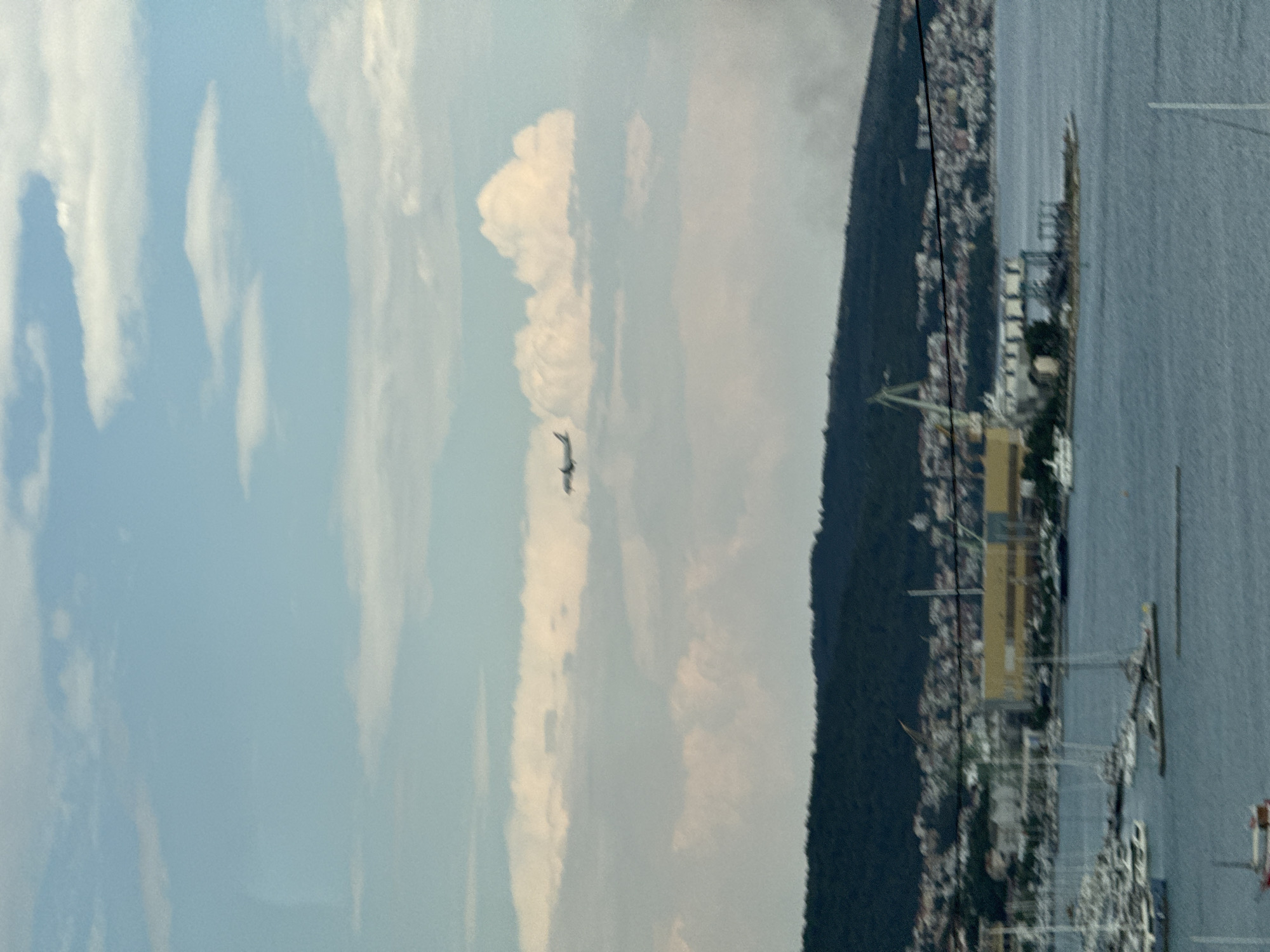 The image shows a panoramic view of the Seget Donji area in Croatia. In the upper portion of the frame, an airplane is visible in the sky amidst fluffy white clouds against a light blue sky. Below the sky, a dark green, tree-covered hillside forms a backdrop to the scene. Along the coastline, a city with white buildings and red-tiled roofs stretches out. In the foreground, a body of water, likely the Adriatic Sea, is dotted with numerous sailboats and yachts moored in a harbor. A large industrial building with a yellow facade and a construction crane are also visible on the waterfront, suggesting a harbor or shipyard. The overall scene depicts a coastal town with maritime activity and an airplane in the sky.