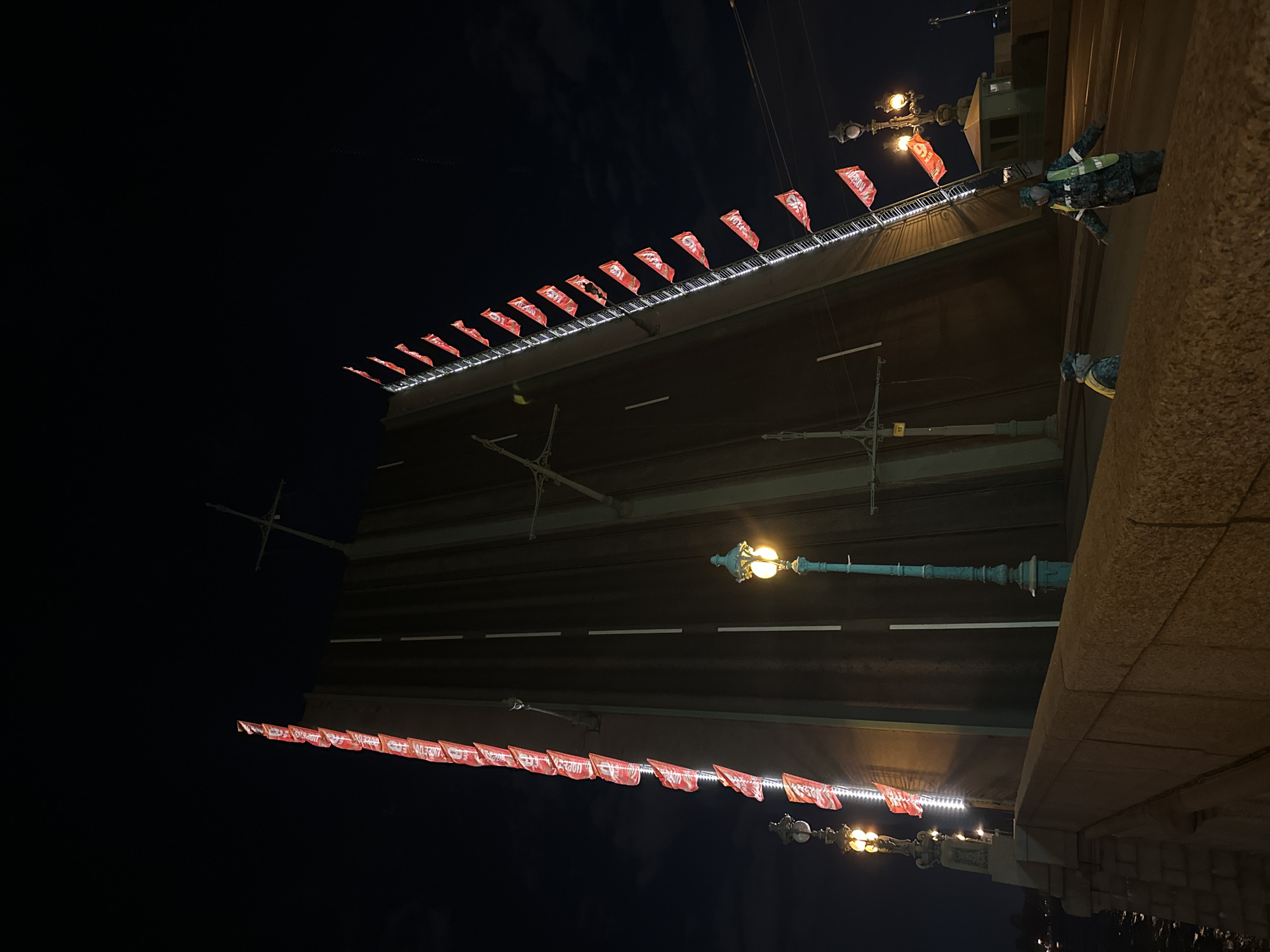 The image depicts a view of the Palace Bridge in Saint Petersburg, Russia, at night. Red flags hang from the bridge structure. The roadway is visible with streetlights illuminating the surface. A person is partially visible on the right side, possibly on the bridge's walkway. The sky is dark.