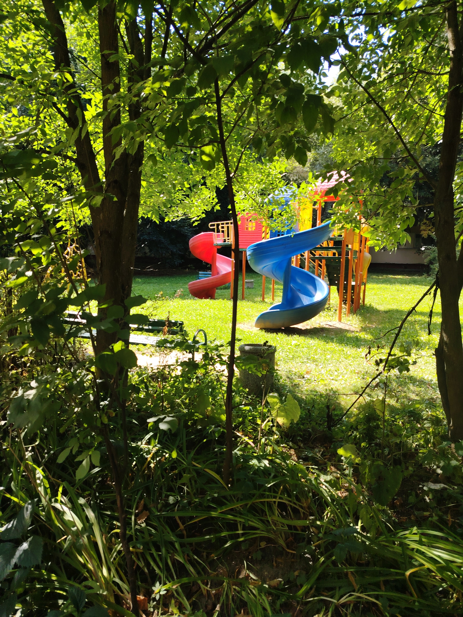 The image depicts a children's playground with colorful slides, including a prominent blue spiral slide and a red curved slide, set within a grassy area. The playground equipment is surrounded by trees and lush green foliage, with dappled sunlight filtering through the leaves. In the foreground, dense bushes and tall grasses obscure the lower part of the scene. The environment suggests a public park or recreational space in Zelenograd, Russia. There are no people visible in the image.