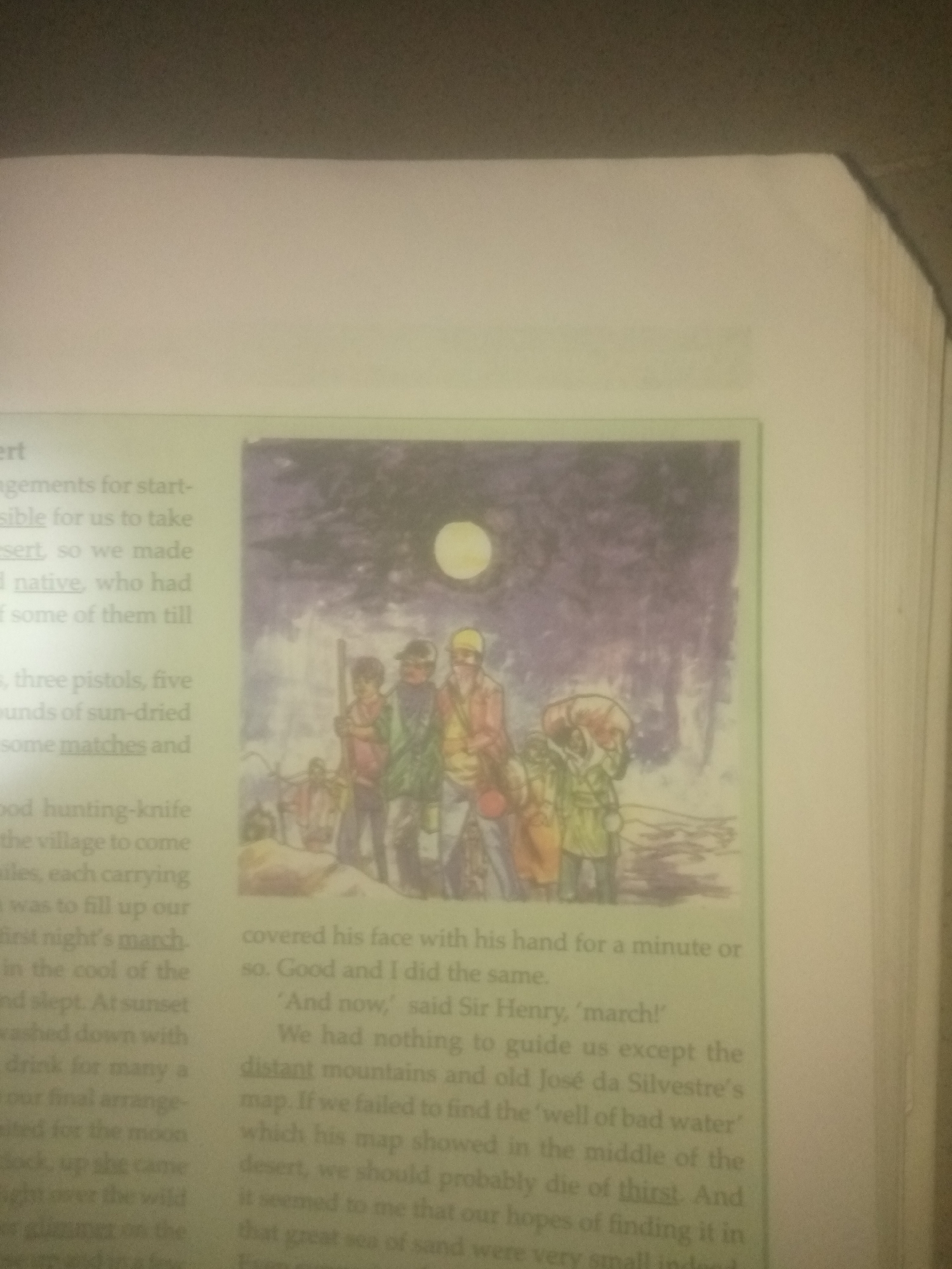 The image shows a book page with text and a watercolor illustration. The illustration depicts four figures in a desert landscape under a moonlit sky. Two of the figures appear to be men, one wearing a hat and the other a cap, carrying staffs. They are accompanied by two other figures, one of whom is carrying bundles on their back. The figures are standing in a sandy area with some scrubby vegetation. The text on the left side of the page discusses preparations for a desert journey, mentioning items like pistols, dried provisions, and matches. The text on the right side of the page contains dialogue about navigating by stars and the fear of dying of thirst. There is no indication of any specific location within the city of Jauro Yinu, Nigeria, or any connection to it. The description is solely based on the visual and textual content of the image.