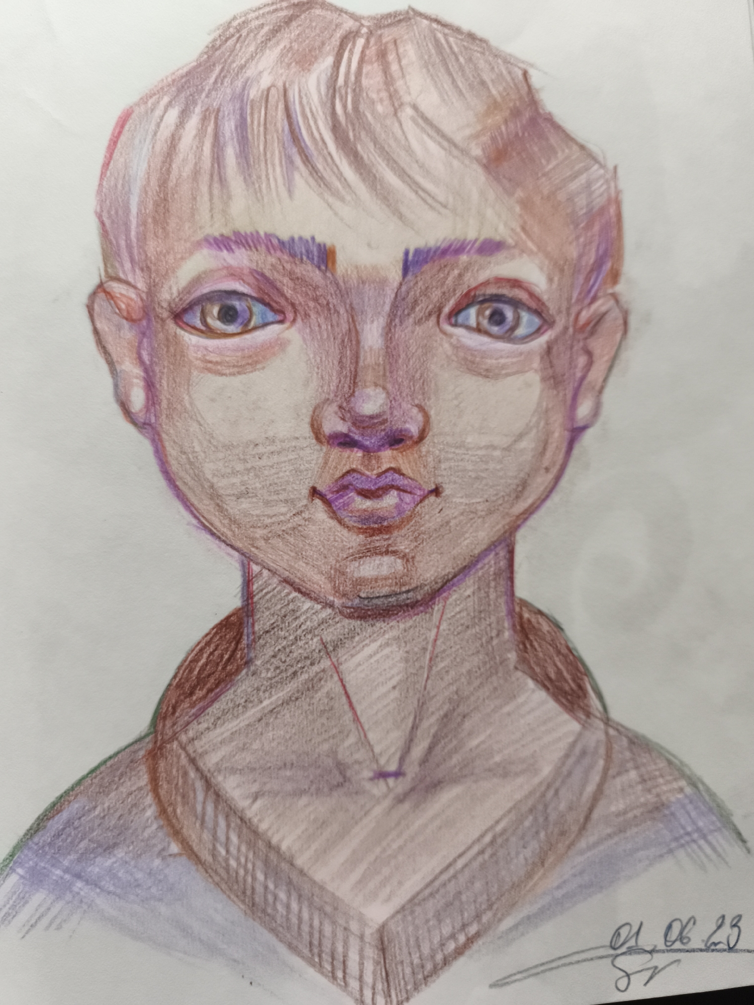 This is a colored pencil drawing of a young person's face, looking directly at the viewer. The drawing is rendered with soft, blended strokes, giving it a somewhat ethereal quality. The subject has a fair complexion, with reddish-brown hair styled with bangs that fall across the forehead. Their eyes are large and expressive, with blue irises and darker pupils. The lips are full and slightly parted, colored in shades of pink and purple. The face is framed by the shoulders and the suggestion of clothing, which appears to be a collared shirt in muted tones of purple and brown. The background is plain white paper. In the lower right corner of the drawing, a date, "01.06.23", and a signature, "Sr", are inscribed. The artwork is a close-up portrait and does not depict any urban or environmental elements of Saint-Denis, France, or any other location.