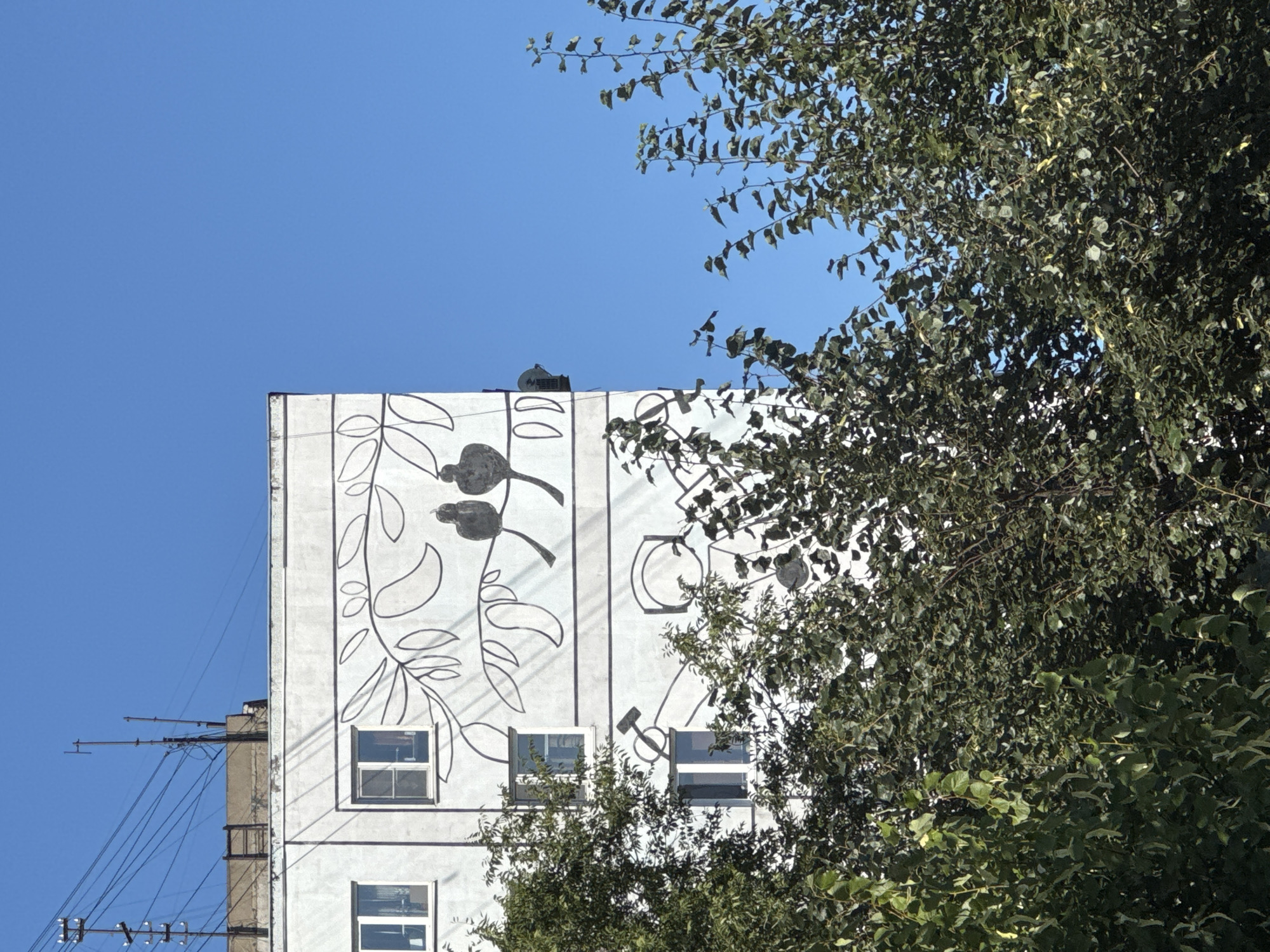 This is a medium-shot photograph taken outdoors on a clear, sunny day with a bright blue sky. The image features the side of a multi-story apartment building with a mural painted on its white facade. The mural, in a black outline style, depicts a stylized tree branch with leaves and two silhouetted birds perched on it. Further down the building, more abstract shapes and elements of the mural are visible, including a possible hammer and sickle symbol integrated into the design.
The building has several windows, some with white frames and translucent curtains visible. At the top of the building, there are antennae and electrical wires. In the foreground, lush green trees and foliage partially obscure the lower portion of the building.
The building's architecture and the style of the mural suggest it is likely located in Russia, possibly Nizhny Novgorod given the provided context. The overall scene depicts a typical urban residential environment with artistic elements.
