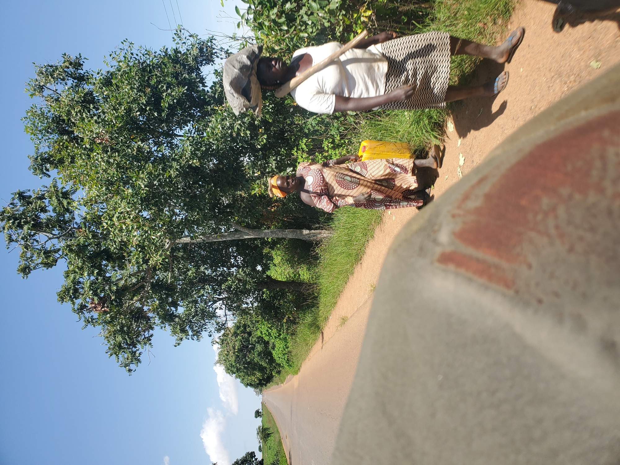 Two women are walking along a dirt road, with lush green vegetation on either side. The woman on the left is wearing a colorful patterned dress and carrying a yellow container. The woman on the right has a bundle of material balanced on her head and a wooden pole across her shoulders. The road is empty except for them. The sky is a clear blue with a few wispy clouds. The image gives the impression of a rural setting in Pankshin, Nigeria.