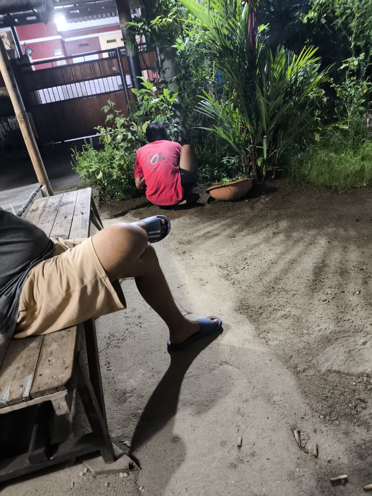 In Cilegon, Indonesia, at nighttime, two individuals are present in an outdoor area. One person, seen from the back, wears a red t-shirt and is crouched down, appearing to be working with the soil near a plant. The other person is seated on a wooden bench, facing left, with their legs crossed and wearing tan shorts and grey t-shirt. The ground is covered in loose soil and gravel, with several cigarette butts visible. Lush green foliage and palm trees are present, and a light source illuminates the scene from above and to the left. In the background, a wooden gate and part of a building are visible.
