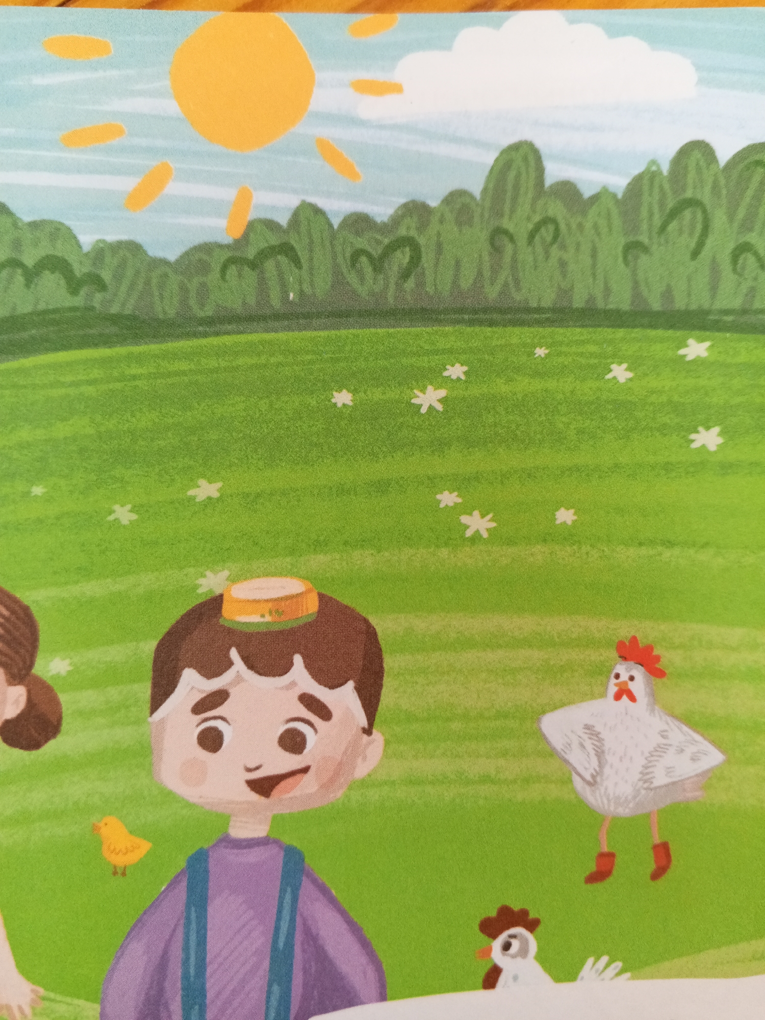 The image depicts a whimsical illustration of a farm scene. In the foreground, a boy with brown hair, wearing a purple shirt and blue overalls, stands with a bright smile. On his head, he wears a small yellow and green hat. To his left, a small yellow chick pecks at the ground. To the right of the boy, a white chicken wearing red boots stands tall, while a smaller white chicken with brown markings is visible near the bottom of the frame. The background features a lush green meadow dotted with white flowers, a line of stylized green trees, a light blue sky with a bright yellow sun and a white cloud. The illustration style is simple and cartoony, suggesting it's from a children's book or educational material. There is no visible indication of this image being located in Chistopol, Russia, or any specific geographical location.