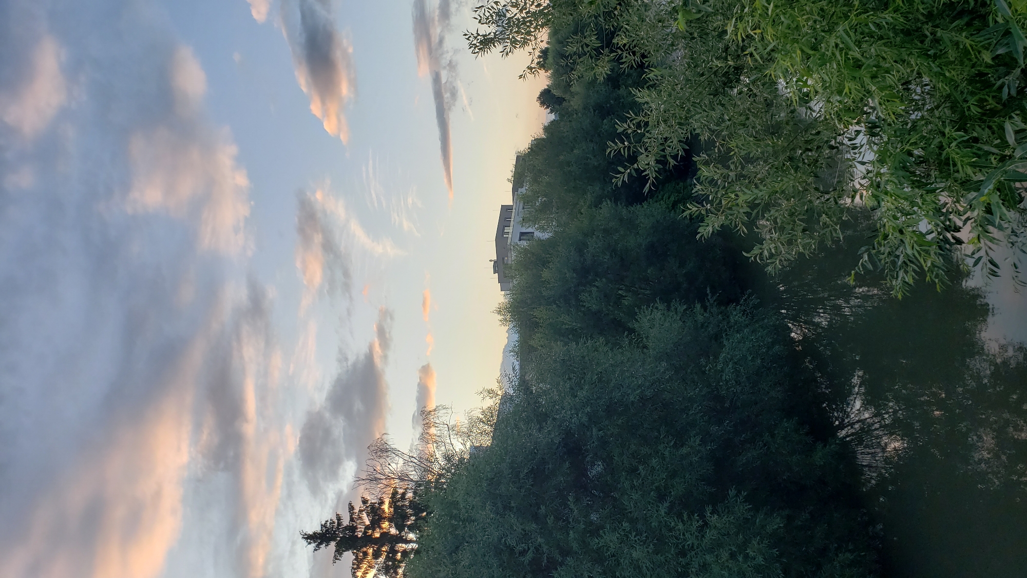 The image depicts a tranquil natural scene near a body of water, with lush green trees and a building in the background. The sky is a blend of blue and pastel clouds, suggesting either sunrise or sunset. The reflection of the trees and sky is visible on the surface of the water, which appears to be a river or canal. A tall evergreen tree stands prominently on the left, partially silhouetted against the colorful sky. The building in the background is modern, with a flat roof and multiple windows.
This scene is likely located in Prešov, Slovakia, specifically in an area that combines natural elements with urban development, possibly along the Torysa River or in a park on the outskirts of the city. The presence of dense foliage and the calm water suggests a location frequented for recreation or relaxation, such as the city's park areas or riverbanks. The combination of natural beauty and the distant modern architecture is characteristic of many European cities.
