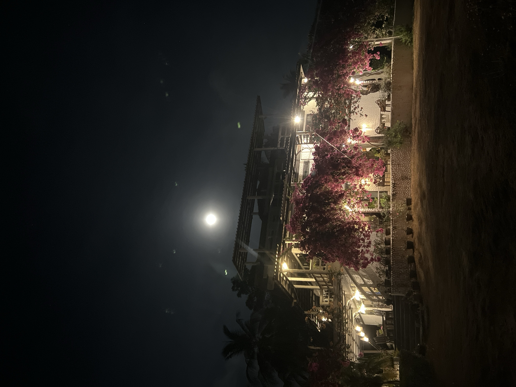 A low-angle, nighttime shot depicts a multi-level, illuminated building with lush bougainvillea framing its white facade. The night sky is dominated by a bright moon, casting a soft glow. Palm trees are visible in the foreground. The image appears to be taken in Baan Pang Ka, Thailand, based on the location details. Adjacent to the building is a dark field or grassy area. The building is adorned with string lights, enhancing the ambiance. There are no visible people in the image.