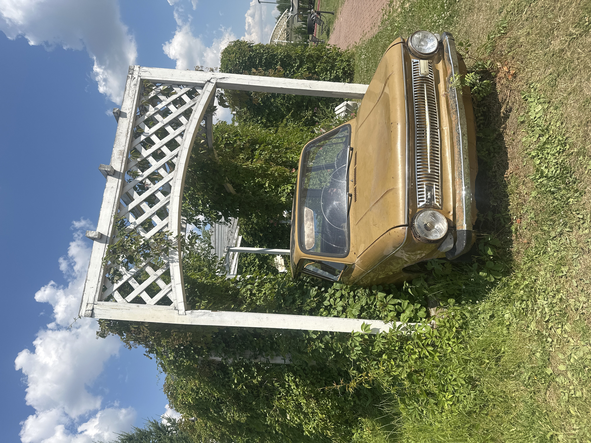 An abandoned, mustard-yellow, classic Soviet-era car is parked under a white wooden pergola overgrown with ivy. The car, a ZAZ 966 or 968, shows signs of rust and neglect, with a cracked windshield. The pergola is also weathered and partly obscured by the lush greenery. The scene is set outdoors with a bright blue sky dotted with white, puffy clouds. Tall green grass and small wildflowers surround the car and the base of the pergola. To the right, a red brick pathway is visible, leading into the distance where other structures, possibly gazebos or benches, are faintly discernible. The overall impression is one of rural abandonment and nature reclaiming man-made structures. This scene is located in the village of Dal'nie Prudishchi, Russia.