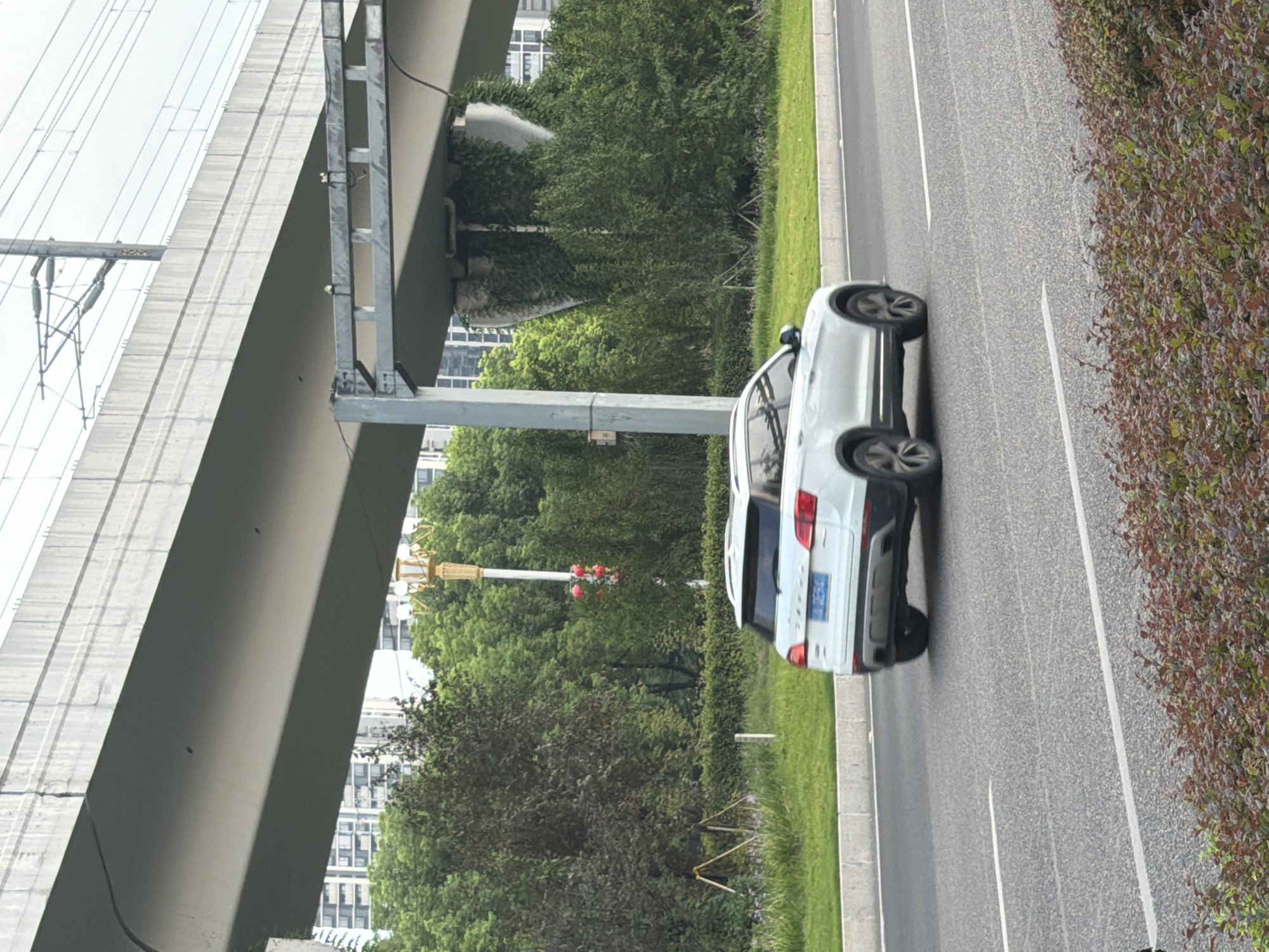 This is a daytime, eye-level, medium shot image of a white SUV driving on a paved road in Jiangjin, China. The SUV is facing away from the camera and is in the right lane of a multi-lane road. The road is bordered by a grassy area with a white curb. In the background, there is a large, elevated concrete structure, possibly a highway overpass or a railway bridge, with overhead electrical lines. Below the elevated structure, there are trees and buildings visible. A decorative lamppost with red lanterns is also present in the background. The foreground features a dense bed of red and green foliage. The weather appears overcast.