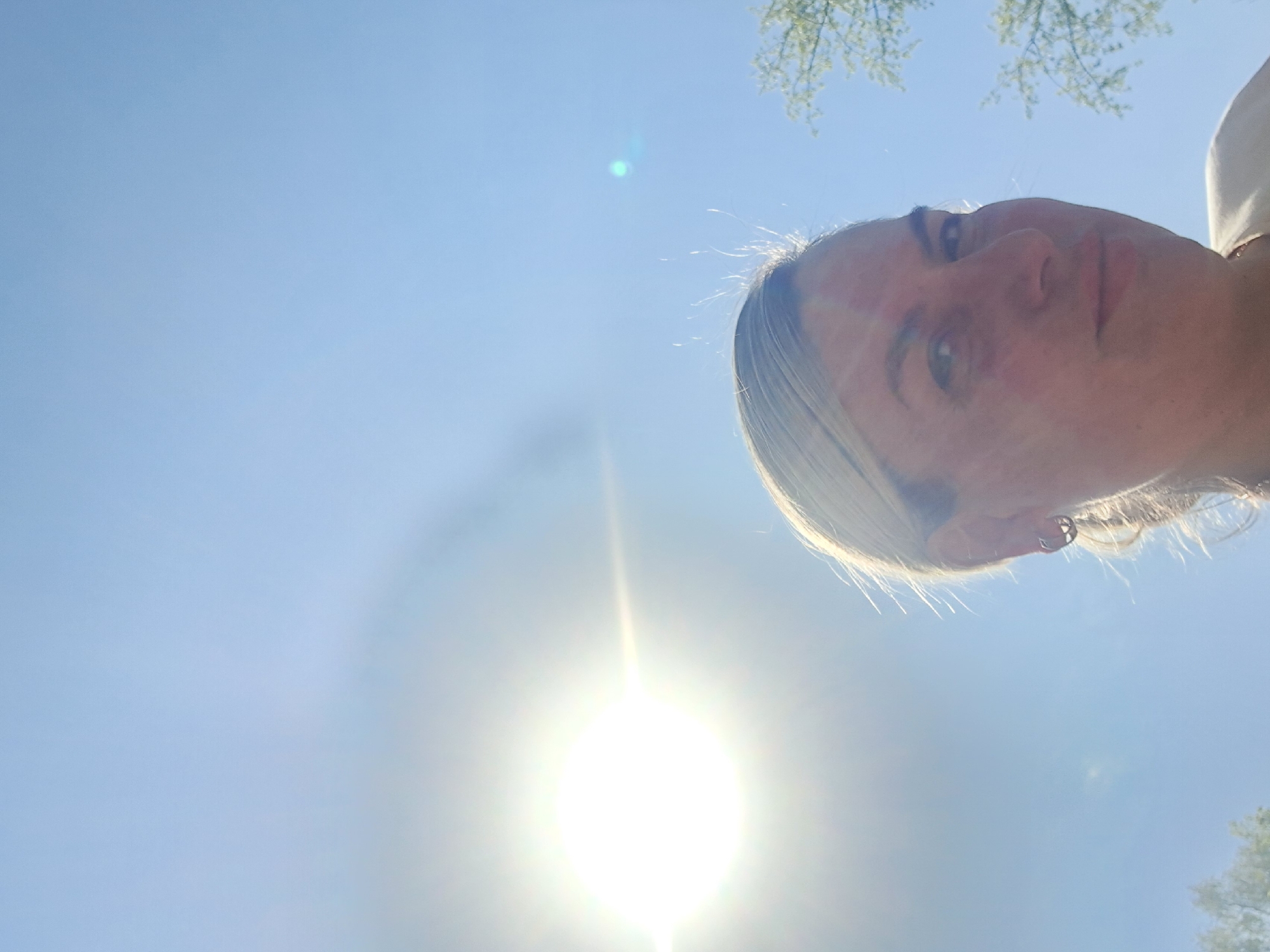 The scene shows a woman with blonde hair, fair skin, and an earring in her right ear. She is positioned in the upper right portion of the image. Her face is visible. The image is taken from a low angle, looking up at the subject. The sun is in the lower center of the image, creating a bright glare. The sky is light blue. A few tree branches with sparse leaves are visible in the top right corner. Unknown, Unknown.