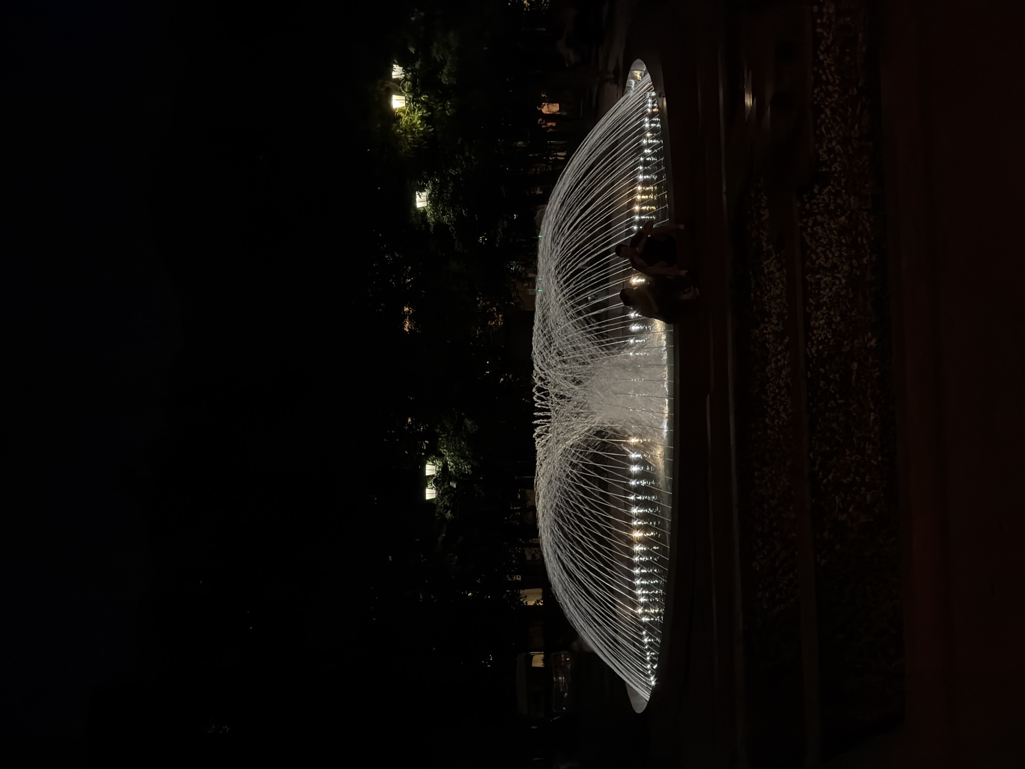At night, a semicircular fountain is illuminated, with thin streams of water arcing upwards. Two dark figures, possibly people, are near the water's edge. Trees and buildings with illuminated windows are visible in the background. The fountain's structure is lined with lights, reflecting off the flowing water. Dark walls or structures border the fountain. The scene appears to be set in a public space, possibly Moscow.