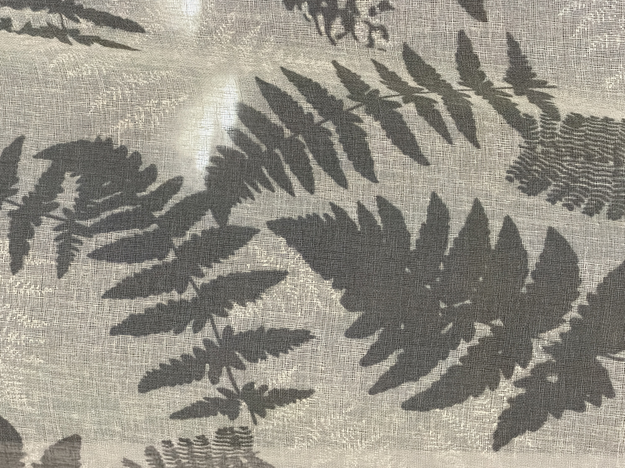 The image is a close-up, overhead view of a sheer, textured fabric with a pattern of dark gray fern fronds and other botanical shapes. The fabric has a visible weave, creating a grid-like background. The lighting suggests the fabric is backlit, allowing some light to pass through, which highlights the texture and the semi-transparency of the material. The fern fronds are depicted in silhouette, with varying degrees of opacity, some appearing darker and more solid, while others are lighter and more diffused. The overall impression is that of a decorative fabric, possibly a curtain or a lampshade, featuring a botanical print. There is no information to place this image in Florești, Romania.