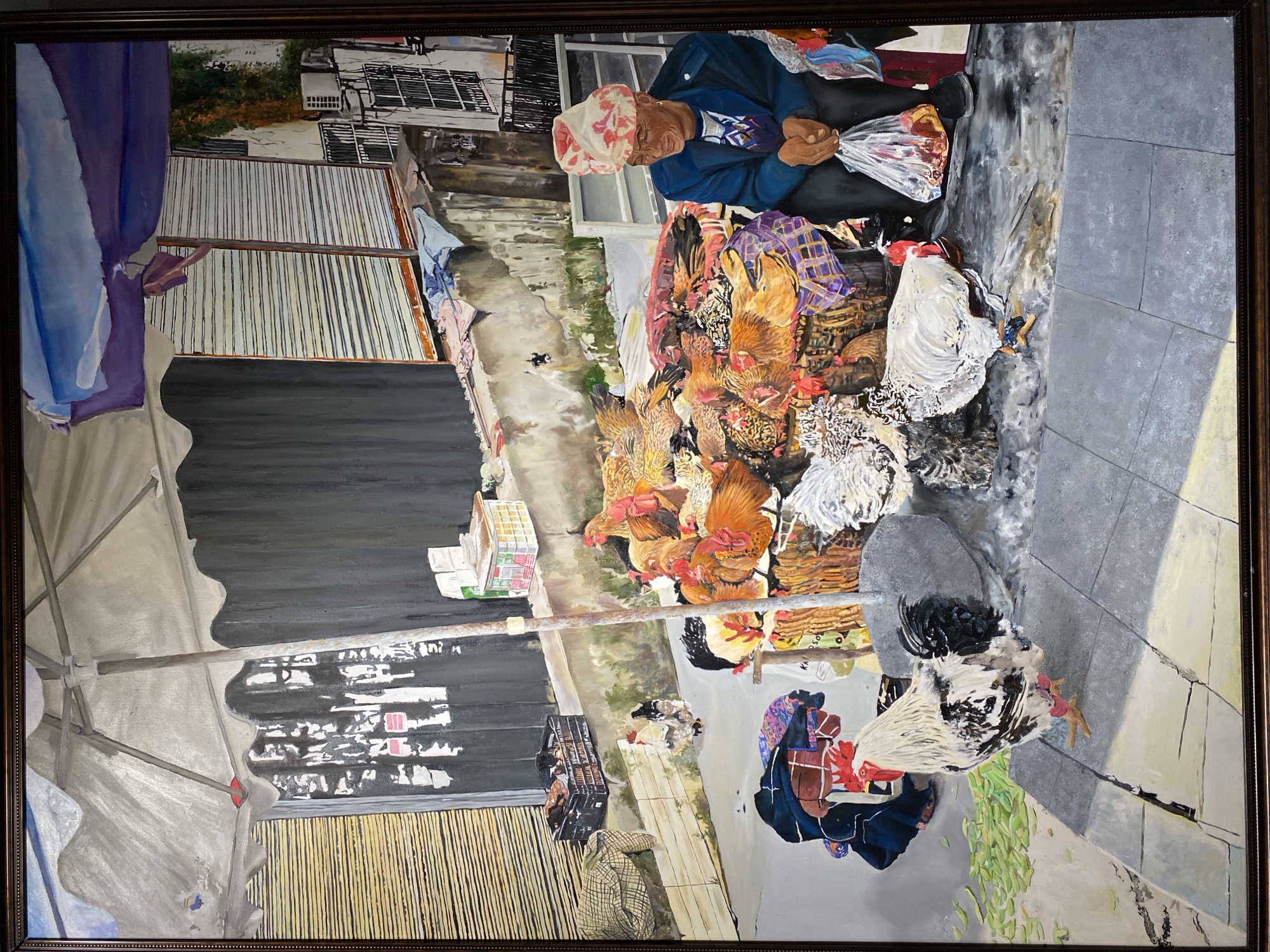 This is a painting of a street market scene in Yuzhong District, China. A woman wearing a patterned headscarf and a blue jacket is sitting on the ground, holding a plastic bag filled with items. She is surrounded by a large number of chickens, some of which are in baskets. In the foreground, a rooster with black and white feathers stands on a tiled surface. The background depicts stalls with closed metal shutters and an awning providing shade. Various items, including fabric and crates, are scattered around the market. The lighting suggests it is daytime, with shadows indicating sunlight.