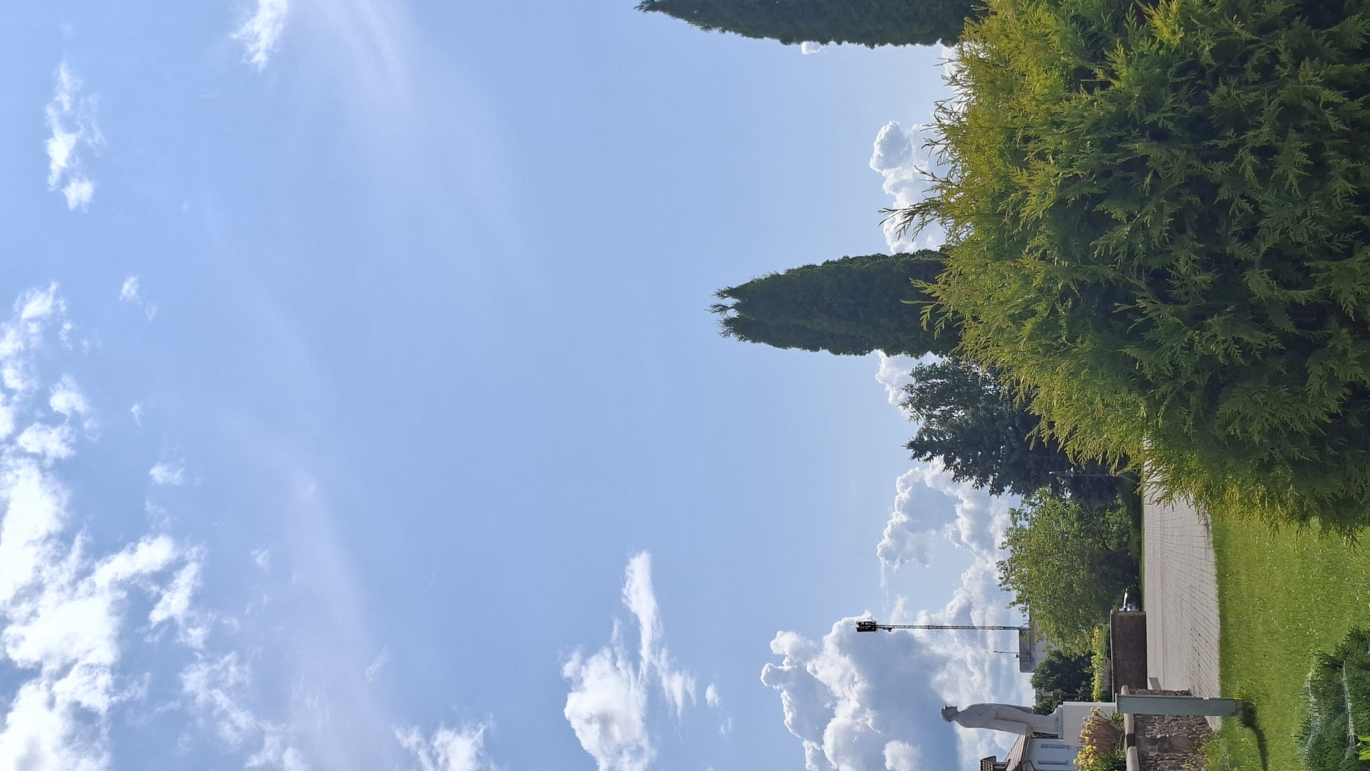 This image depicts a sunny day in Myadzyel, Belarus, with a clear blue sky dotted with fluffy white clouds. In the foreground, a large, lush green bush dominates the right side of the frame. To the left, a paved area is visible, with a statue of a man standing on a pedestal. Behind the statue, trees and a building can be seen, along with a tall, slender structure that appears to be a communication tower. The overall scene conveys a peaceful, outdoor setting within the city.