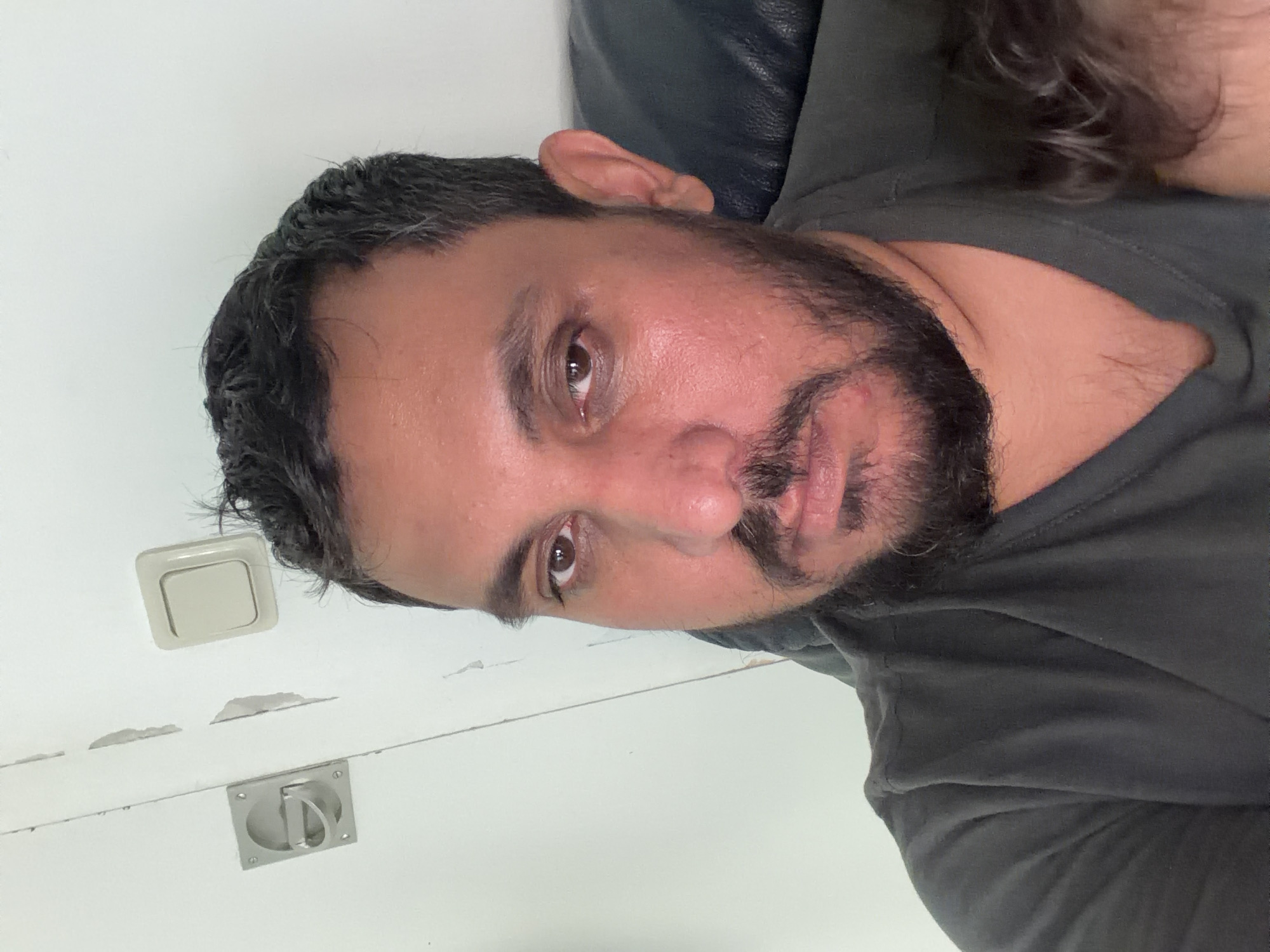 A man with dark hair and a beard is taking a selfie in what appears to be a train compartment. He is wearing a dark gray t-shirt. Behind him, to the left, is a white wall with a light switch and a metallic pull handle. A dark leather seat is visible to his right. The image is cropped to focus on the man's face and upper body. The background is out of focus.