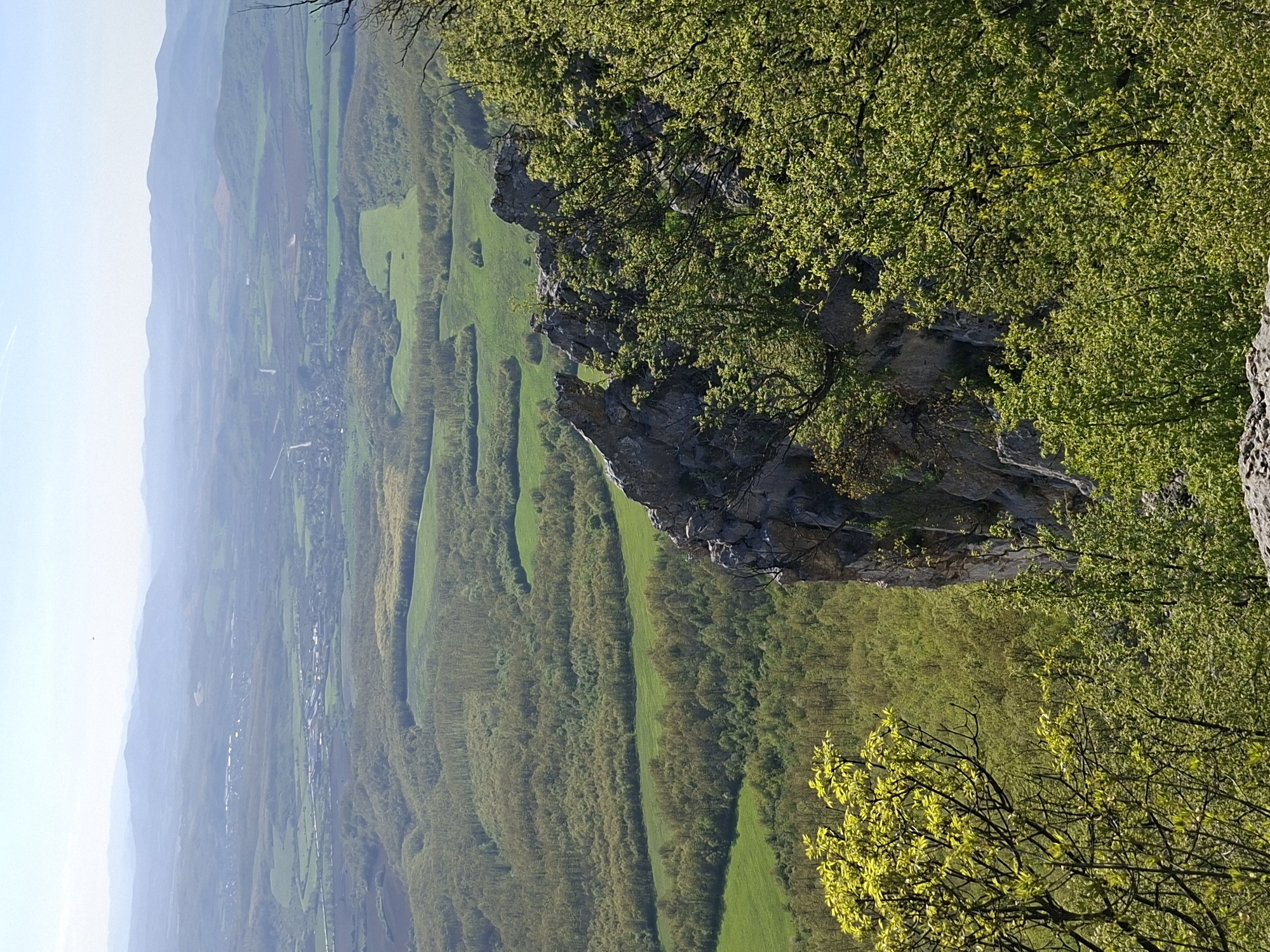 The image presents a wide, panoramic view of a lush, expansive landscape in Zdravkovets, Bulgaria, captured from a high vantage point. The perspective looks down into a valley flanked by rolling hills.
In the immediate foreground, large, dark grey rocky outcrops are visible, partially framed and softened by abundant, vibrant green foliage of deciduous trees. The fresh, light green color of the leaves suggests the scene takes place in spring. Branches from these trees extend into the top and bottom right sections of the frame.
The midground features a verdant valley, a patchwork of bright green agricultural fields and darker green forested areas that follow the contours of gentle hills. A small settlement, appearing to be a village or town, can be discerned in the middle distance, with clusters of buildings nestled within the valley.
Further in the background, successive layers of hills and mountains recede, fading into a soft, light blue atmospheric haze that merges with the clear sky above. The scene is brightly lit by natural sunlight, indicative of a clear daytime, possibly morning or late afternoon. There are no visible people or discernible activities taking place, and no text is present within the image.