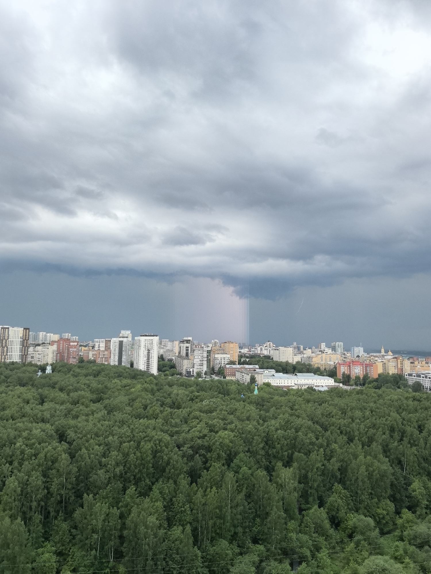 The image presents an expansive urban landscape viewed under a heavily overcast and stormy sky. Dark, tumultuous grey clouds dominate the upper half of the frame, with patches of lighter grey and white suggesting varying cloud layers. A prominent column of rain is visibly falling from the dark clouds on the left side of the cityscape, appearing as a distinct, light-colored vertical streak against the darker cloud mass and partially obscuring the buildings below. A fainter shower of rain is also discernible further to the right. A thin, diagonal white line, indicative of lightning, is faintly visible within the dark clouds above the right portion of the city, confirming the stormy conditions.
In the foreground and mid-ground, a dense, verdant forest of deciduous trees fills the lower half of the image, showcasing various shades of green foliage. This natural expanse provides a sharp contrast to the urban development beyond it. Behind the treeline, the city of Perm, Russia, stretches out with numerous multi-story buildings. These structures vary in design and color, including modern white and beige high-rises, as well as older, more colorful red-brown and grey buildings. Architectural features such as domes on a building on the far left, and another further right, are visible amidst the urban sprawl. The scene captures the dramatic moment of an approaching or ongoing thunderstorm over the city during daytime. No visible text is present in the image.