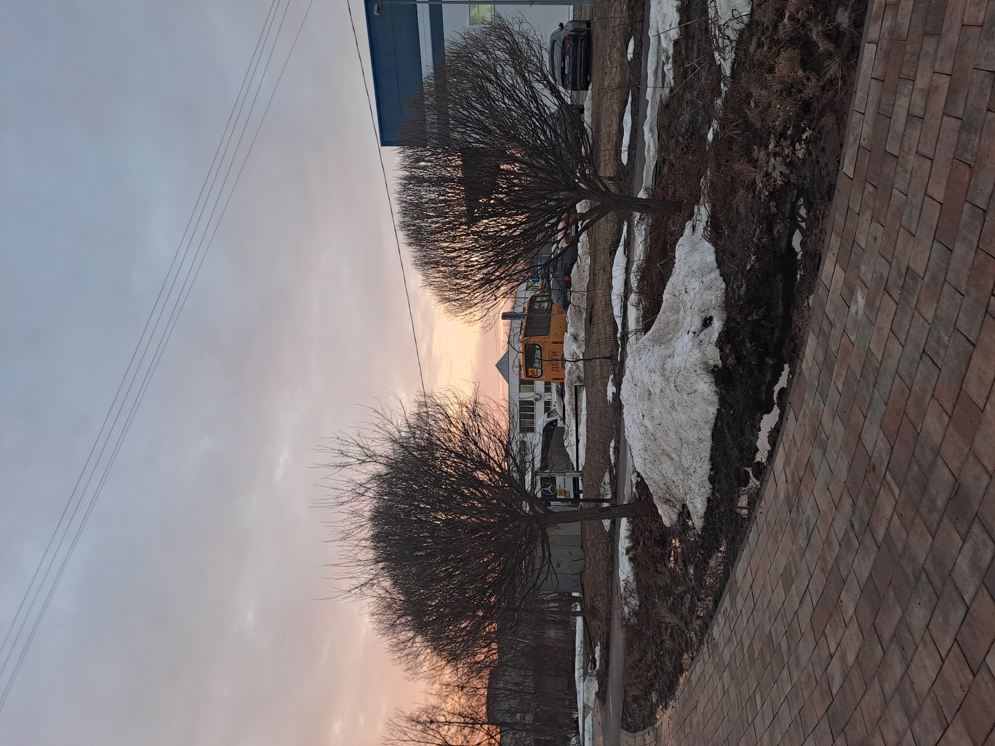 The scene depicts an outdoor urban environment in Elektrostal, Russia, likely during late winter or early spring, characterized by melting snow and the bare branches of deciduous trees. The lighting suggests either early morning or late afternoon/dusk, with a soft orange and pink hue near the horizon fading into a grey-blue sky overhead. Several utility wires or power lines traverse the upper portion of the frame.
In the foreground, a reddish-brown brick-patterned paved pathway curves towards the mid-ground. To the right of the pavement, the ground is covered in patches of melting snow, dark wet soil, and sparse, dry brown vegetation. Puddles of water are visible in the muddy areas.
Two prominent bare deciduous trees, with rounded crowns, stand in the mid-ground. The tree on the left is slightly closer to the viewer.
In the background, multiple structures and vehicles are visible. To the left, behind the first tree, several indistinct buildings and bare trees can be seen. A white Mercedes-Benz cargo or passenger van is partially parked. To the right, a large, modern-style building with a light grey lower facade and a dark blue upper section is present. Parked in front of this building are several vehicles: a yellow bus with the word "ДЕТИ" (CHILDREN) visible in Cyrillic on its side, and a dark-colored sedan with a partially visible Russian license plate (C998XE) parked facing away from the viewer. Another dark vehicle is partially visible between the bus and the sedan.
No individuals or active interactions are visible within the scene.