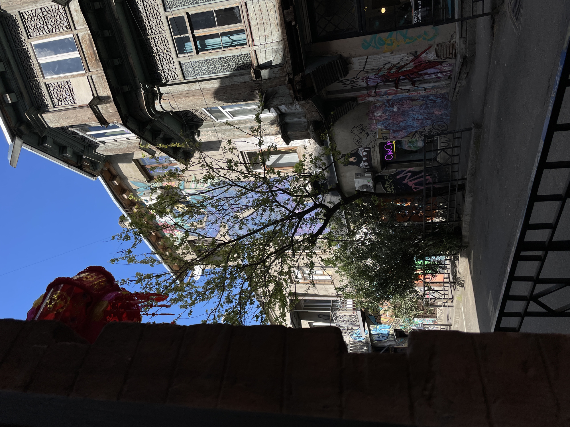 The image captures a narrow urban alley or street, viewed from a slightly elevated position behind a dark brick wall in the foreground. The scene is illuminated by bright daylight under a clear, expansive blue sky.
On the left, an old, multi-story building features intricate, weathered wooden facades and balconies with geometric patterns. Its windows reflect the blue sky. A large, ornate red lantern-like object with gold accents is prominently displayed in the upper left, partially framed by the sky and the building.
A tree with light green, budding leaves extends its branches across the mid-ground, partially obscuring the buildings and the sky, suggesting springtime. Further down the alley on the right, another building wall is heavily covered in colorful graffiti, featuring various tags, abstract designs, and a cartoon-like character. A bright pink neon sign spelling "OleOp" is visible on this wall, with another sign above it that reads "OleOp Gallery and". An air conditioning unit is mounted on the wall below the neon sign.
The ground of the alley appears paved and somewhat worn, with strong shadows cast by unseen structures and railings, indicating a sunny day. Metal railings and fences are visible along the sides of the alley, adding to the urban feel. No people or specific activities are visible, presenting a static snapshot of an vibrant streetscape in Tbilisi.