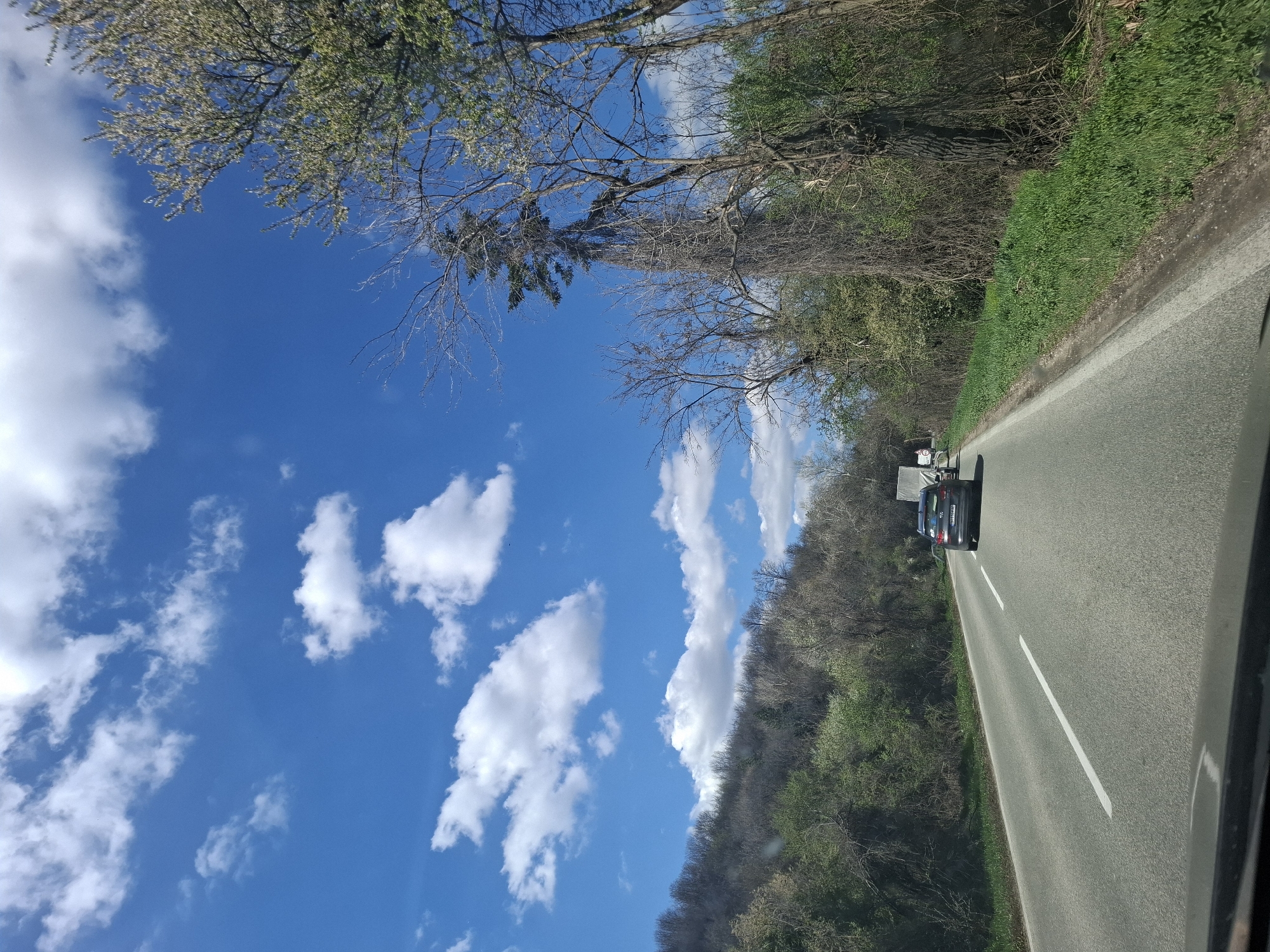 The image shows a view from inside a car driving on a road in Tsar Simeonovo, Bulgaria. A black car is directly ahead in the same lane. The road has a single white dividing line. Trees and bushes line the right side of the road. On the left, there's a view of a blue sky with scattered white clouds and treetops.