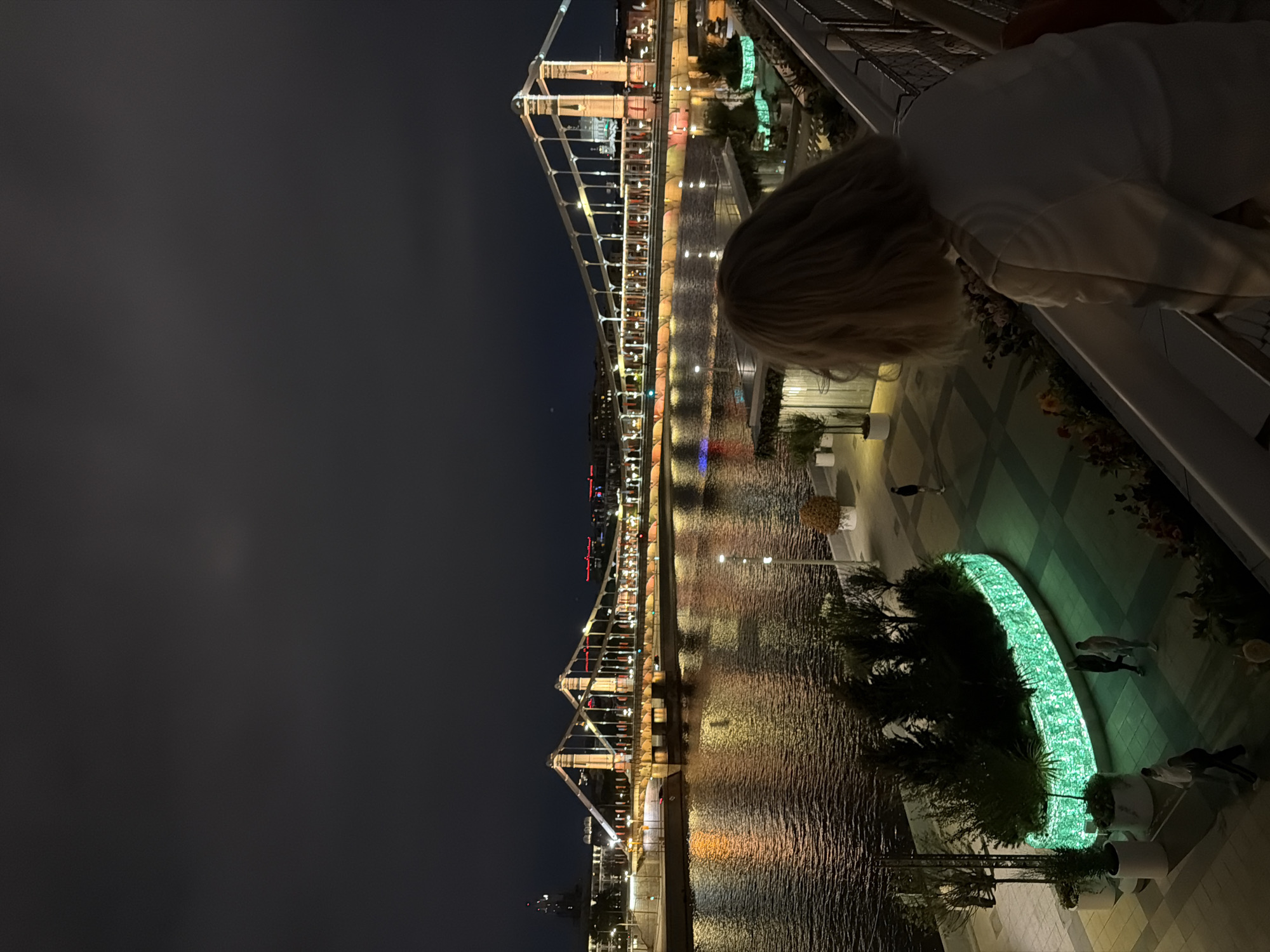 Here is a description of the image:
A vertical, nighttime shot captures a bridge spanning a body of water, likely a river, in Moscow, Russia. The bridge, illuminated by numerous lights, features a distinctive white metal structure with towers at intervals along its length. Reflections of these lights shimmer on the water's surface.
To the right of the frame, a person with blonde hair and wearing a white top leans over a railing, possibly observing the view. The railing is adorned with plants. The surrounding area shows a pedestrian walkway with illuminated sections and greenery.
The overall environment appears to be an urban setting at night, with the bridge and surrounding elements suggesting a well-lit and possibly tourist-oriented location.